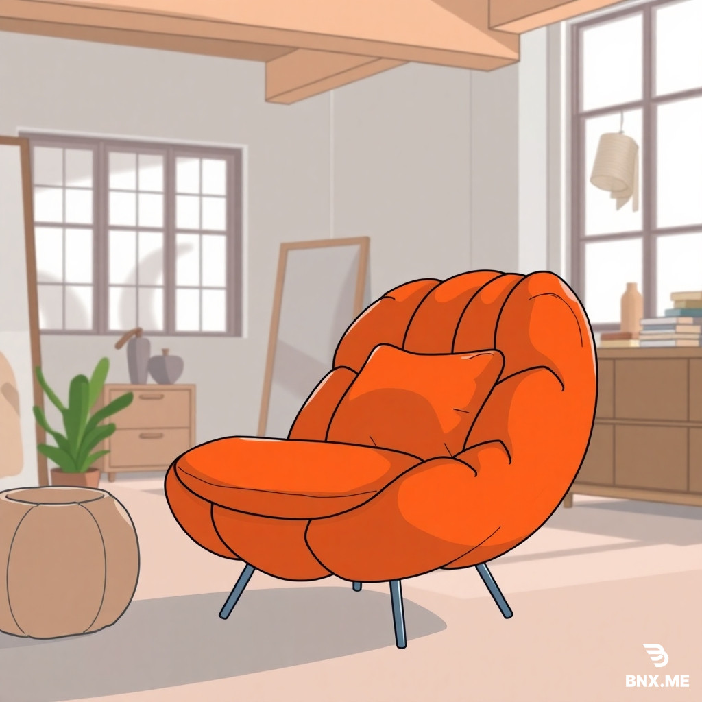 Illustration of a chic chair with a design reminiscent of a pumpkin’s form, with deep orange cushioning, in a stylish loft setting.