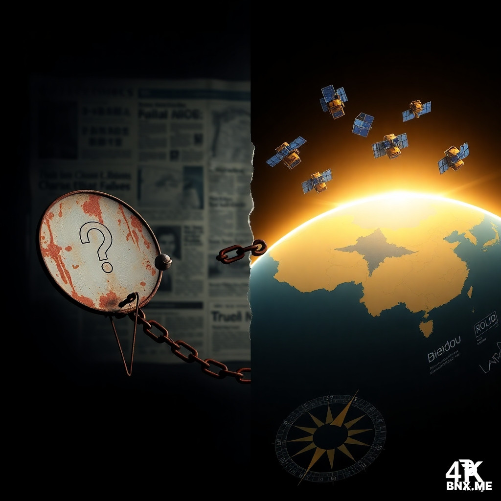 A symbolic two-part image, left side darker. Left: a rusty chain linking a broken GPS satellite dish to a question mark, background shows blurred newspaper headlines from the 1990s about navigation failures. Right side: bright and rising, multiple BeiDou satellites in gold and blue orbits over a map of China, a glowing compass pointing true north. In the middle, the chain cracks and dissolves into light. Dramatic lighting, cinematic wide shot, photorealistic style with slight metaphor. 4k.