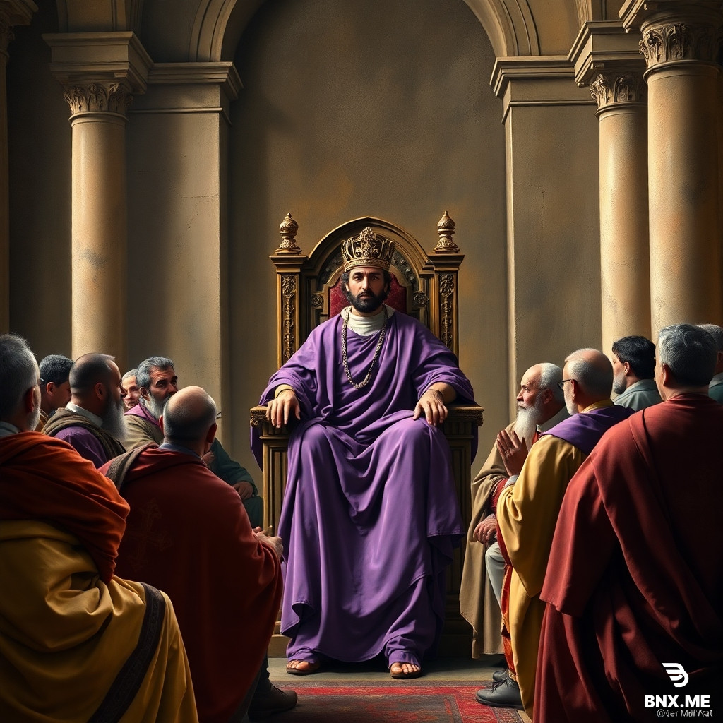 A grand historical painting style. Roman Emperor Constantine in purple robes, seated on a throne, presiding over a gathering of bishops in an ancient hall. Bishops arguing. Constantine looks powerful and political, not holy. Dramatic lighting.