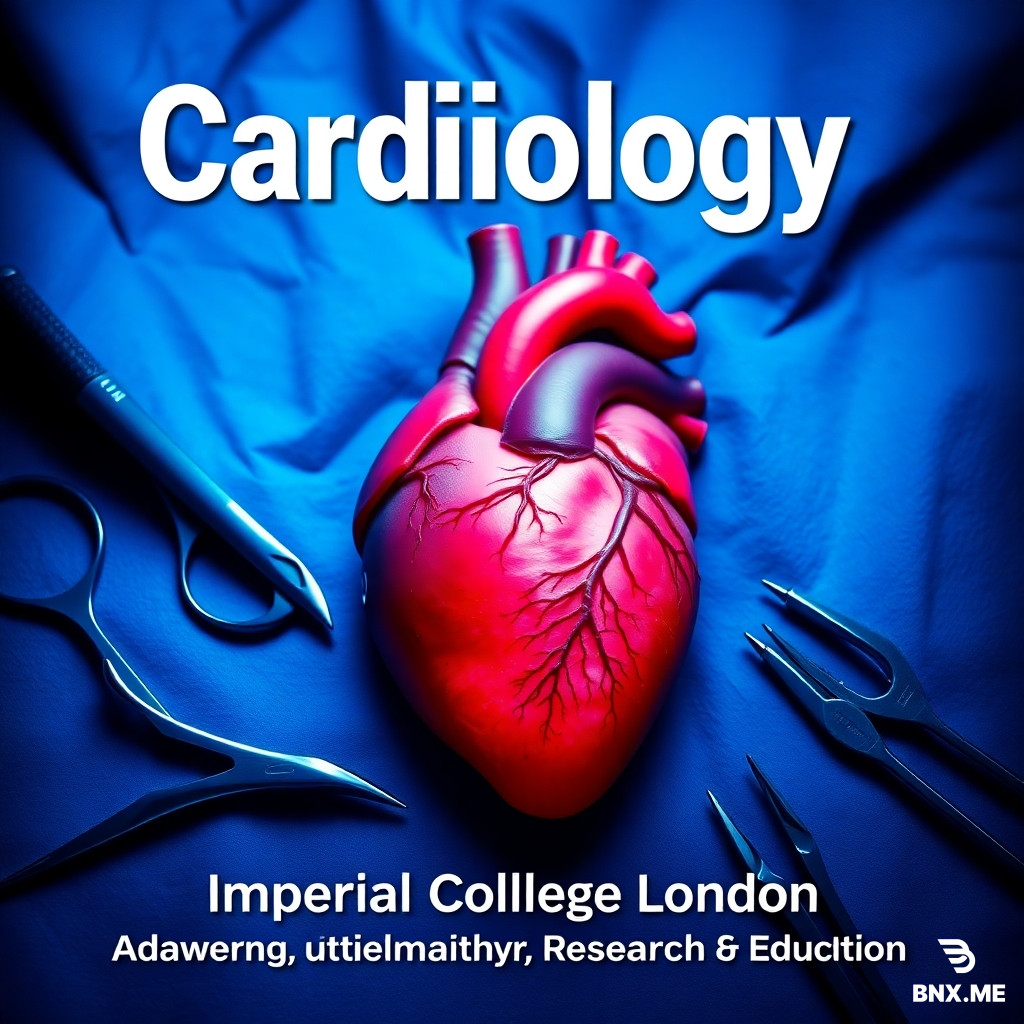 Professional medical poster design, ultra-high quality for printing. Top center: large bold text "Cardiology". Below it: "Imperial College London". Bottom center: "Advancing Healthcare, Research & Education". Background features photorealistic human heart with visible coronary arteries, surrounded by cardiac surgical instruments like scalpel, forceps, needle holders on sterile blue drape. Deep blue and white tones, dramatic surgical lighting, sharp focus, 4k resolution, clean academic conference poster style.