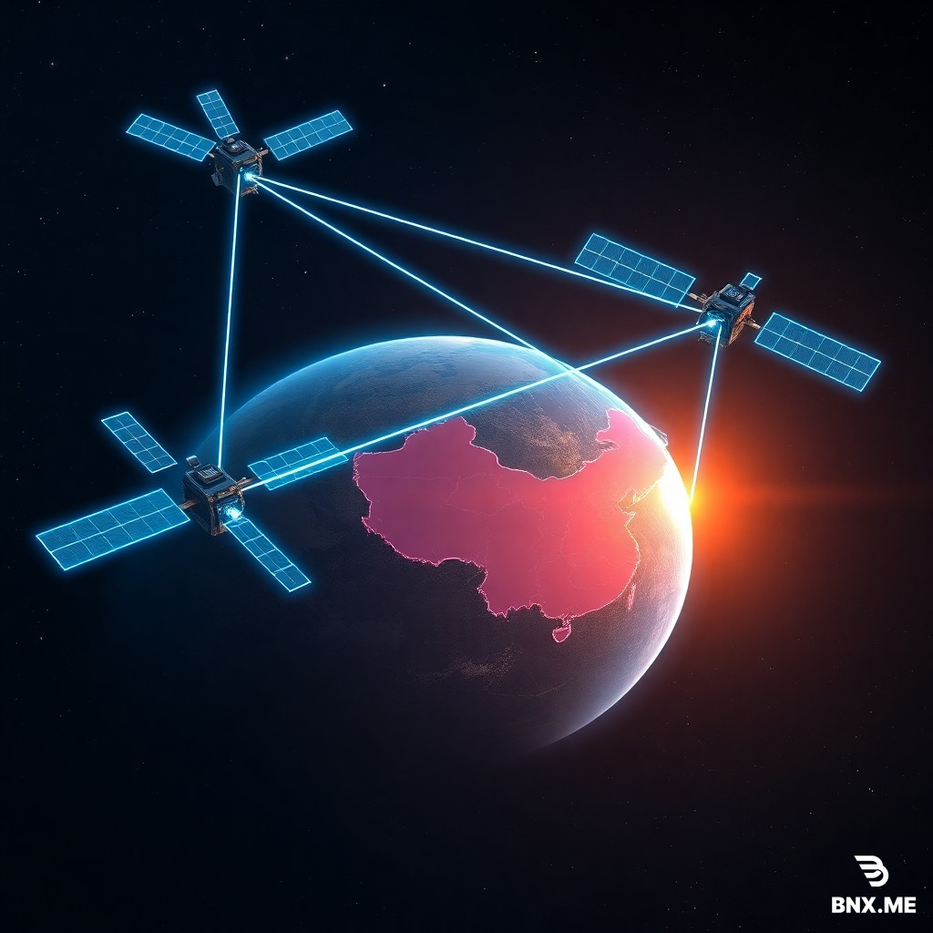 Deep space, Earth visible in the background. Three BeiDou satellites arranged in a triangular formation, each connected by glowing neon blue data beams forming a mesh network. One satellite near the Earth is sending a concentrated beam of data down directly onto the map of China (mainland outline visible). No ground stations elsewhere on Earth. The satellites have solar panels and small antenna dishes. Starfield background, dark navy blue tones with cyan and gold accents. Futuristic scientific illustration, ultra detailed, 4K, wide angle.