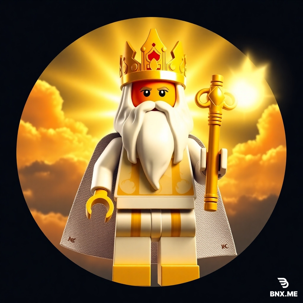 A circular icon for a Lego YouTube channel, square format 1:1. A powerful Lego god figure with a golden crown and a long white beard, holding a glowing magical staff made of Lego bricks. The god is wearing white and gold robes. Behind him is a bright sky with golden clouds and rays of light coming from his body. The background is a dark blue sky. The god is looking forward with a wise and powerful expression. Lego stop-motion style. Epic, majestic, and clean composition. Bright golden and blue colors, 4k quality.