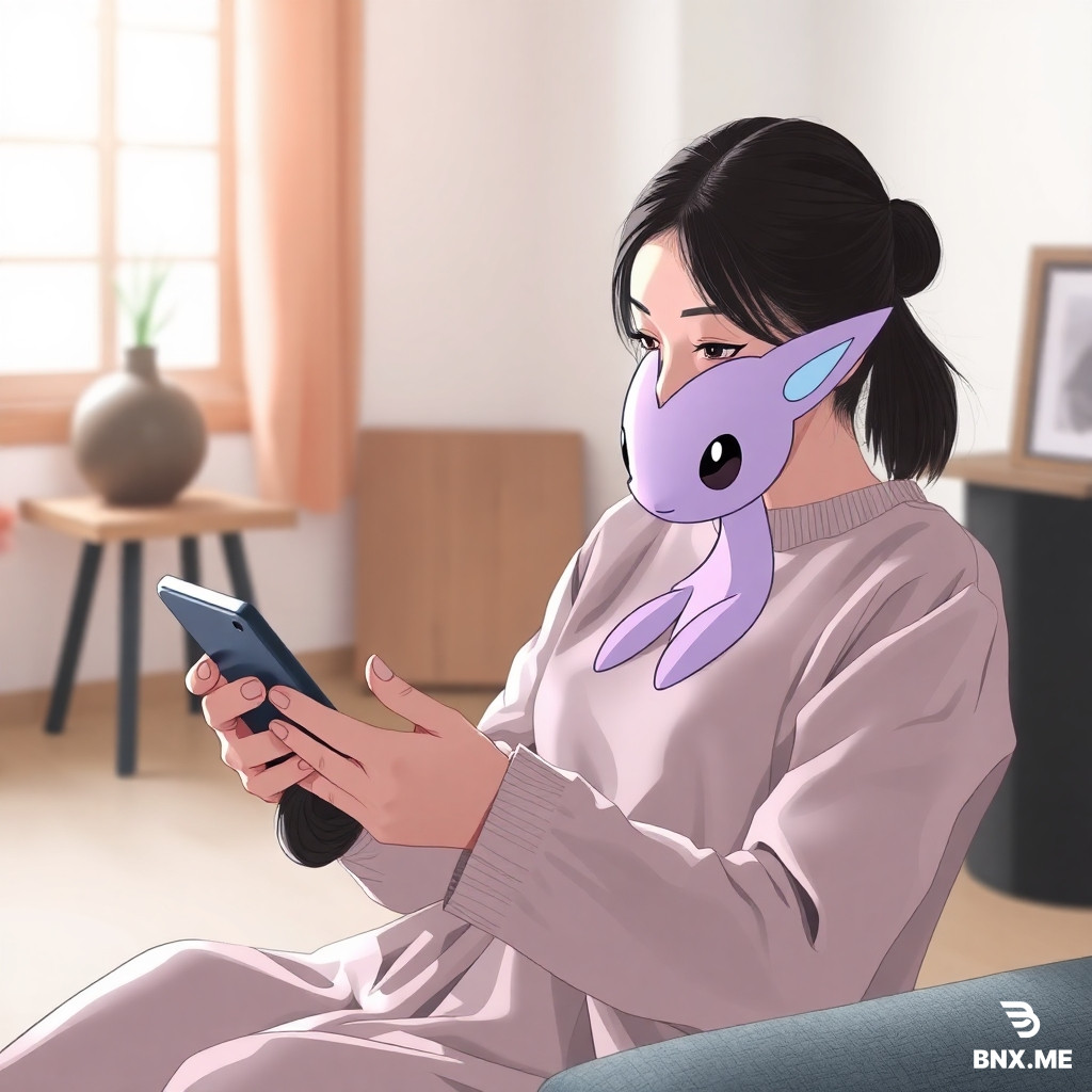 Create image, Create 2K visuals, 2K resolution, Randomized drawing style,  A Chinese woman is playing the mobile game Pokémon on her phone,  "To whom should this piece be dedicated?" she asked softly, her voice echoing in the empty studio.  Then I carefully studied how it works.  Ah, after that, I truly immersed myself in uncovering its fundamental principles, digging deep to understand its intricate workings.  ▲Main title text:  "Changes in an instant",  ▲Meaning: Ditto (Japanese: メタモン, English: Ditto) is a Normal-type Pokémon.  Ditto's body is pale purple. It has small black eyes, and its body is soft and elastic.  Ditto can instantly copy the cellular composition of its opponent, recombining cells to make itself look exactly like the opponent in front of it.