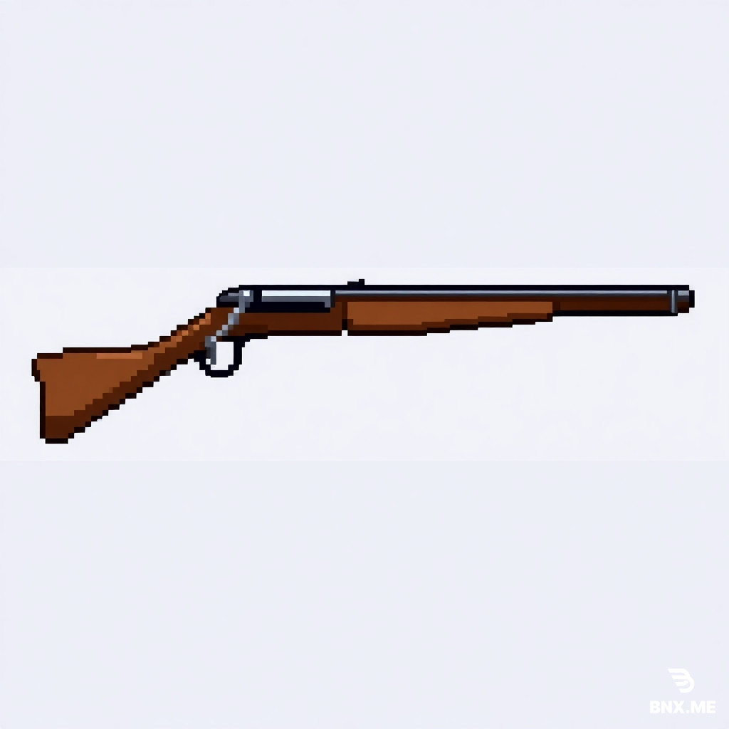 Repeating Carbine: *"8-bit NES pixel art, 16x16 pixels, a long brown rifle with a silver lever action loop under the trigger. Side view. Palette: brown, silver, black. Transparent. Long horizontal rectangle."*