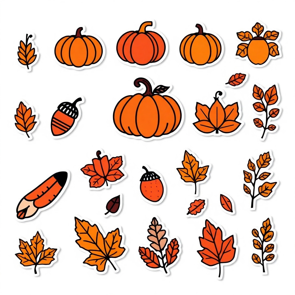 A 4x4 grid sticker sheet, 16 individual die-cut stickers arranged on a pristine white background, separated by crisp white space, clean cut lines, isolated elements, high resolution, flat vector illustration style. All elements arranged in a cohesive cluster with no large gaps between motifs.  The theme is an autumn, pumpkin, acorn, mushroom,falling leaves and animails: Minimalist line art  main elements colored in （C60/M30/Y80/K50）, secondary accents in （C0/M75/Y80/K30）, （C30/M60/Y70/K70）  Clean composition, centered object. 8k resolution, hyper-detailed, professional color grading. White border around each sticker.  Image size: 3500 x 3500 pixels, 300 DPI. --ar 1:1