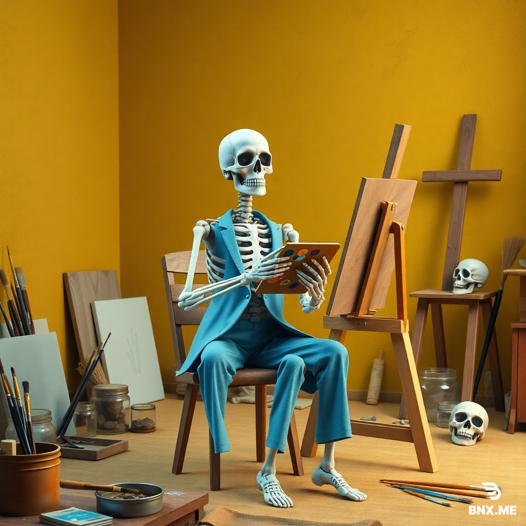 Ultra-photorealistic vertical CGI render. A slightly elevated view inside a warm, atmospheric artist’s studio. At the center, a skeleton wearing a pastel blue suit jacket and trousers sits on a simple wooden chair in front of a wooden easel. One bony hand holds a painter’s palette dotted with bright, vivid colors, while the other gently paints. The skull is perfectly detailed, but the skeleton has soft, human-like eyes with a tender, melancholic gaze directed at the camera. The studio is filled with painterly details — brushes, jars, half-finished canvases, and scattered art tools — all rendered with tactile realism. A second skull rests subtly in the background, half-hidden among objects. The walls are golden-yellow with subtle texture, radiating warmth that blends into a pastel palette of soft blues, light yellows, and pale beiges.  Lighting: soft, diffused, evenly distributed — no harsh shadows, only gentle illumination enhancing the texture of walls, fabric, wood, and bone. Mood: contemplative, melancholic, slightly surreal — as if time itself had paused. Style: hyper-detailed CGI realism, painterly composition, cinematic depth of field, smooth tonal gradation.