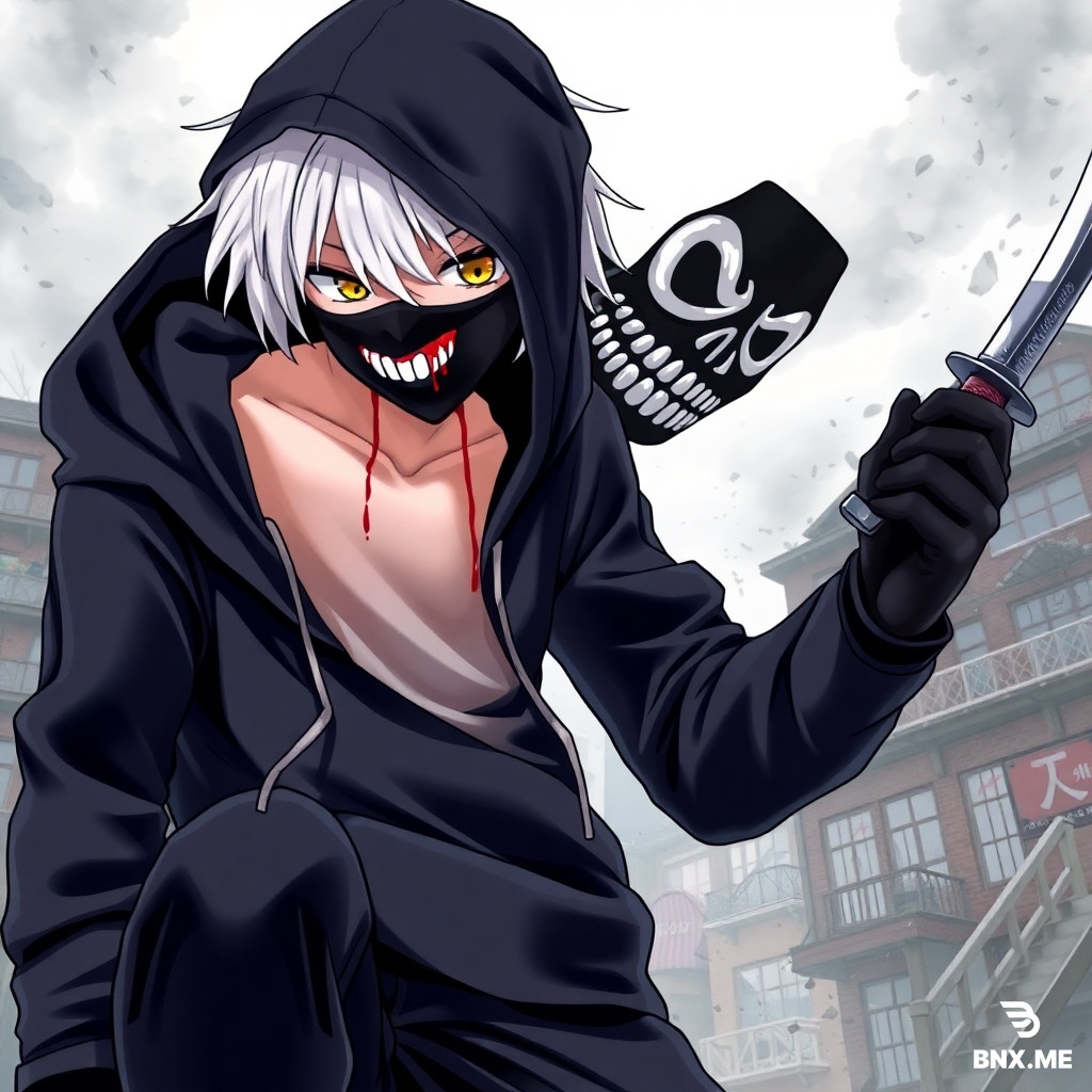 A highly detailed anime-style illustration of a boy with white hair, wearing a black hoodie (hood down, not on his head), black pants, black sneakers, and black gloves. He has a black cloth mask with white skeleton teeth painted on it. In his right hand, he holds a samurai sword dripping with blood. The background shows an exploded building. Extremely high detail, anime art style.