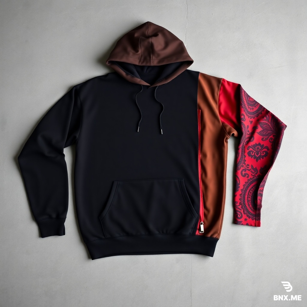 "High-quality studio product shot of a heavyweight, oversized streetwear hoodie laid flat on a neutral grey concrete background. The hoodie features an asymmetrical, vertical color-blocked design: the left side and most of the front are deep matte black, while a contrasting vertical panel on the right side and the right sleeve are a rich chocolate brown. A key detail is a long vertical slit or distressed 'tear' on the outer forearm of the brown sleeve, revealing a secondary inner layer of bright red fabric with an intricate black graphic or paisley-style print. The hoodie has a large front kangaroo pocket, dropped shoulders, and a thick, structured double-layered hood without drawstrings."