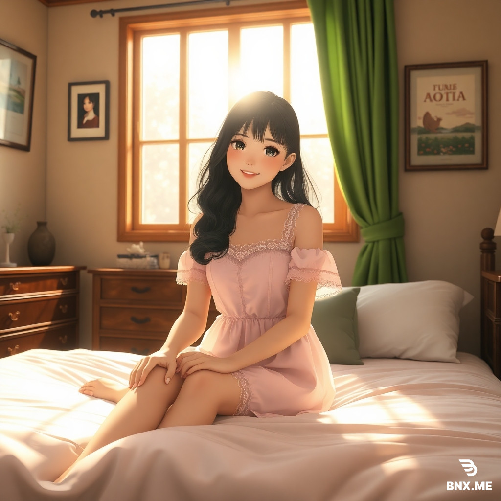 “Beautiful young woman in semi-realistic anime style, sitting on a neatly made bed in a cozy bedroom. Soft morning sunlight enters through a large window behind her, creating warm highlights and gentle shadows. She wears a cute pastel-pink dress with lace details, looking at the viewer with a warm and friendly smile. The room features classic wooden furniture, framed paintings on the walls, and green curtains softly swaying. The atmosphere is peaceful, intimate, and warmly lit, with high detail, soft skin rendering, ultra-detailed eyes, and cinematic lighting.”