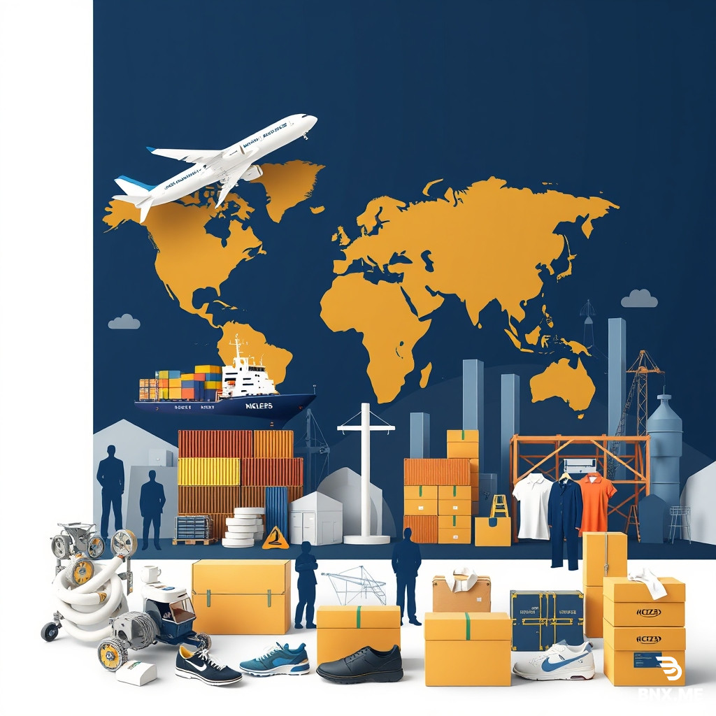 Professional corporate banner, 1440x400 px, aspect ratio 18:5, ultra-realistic, high-end supply chain and export company. Theme: global trade, sourcing, logistics. Visual elements: shipping containers, cargo ship, airplane, world map, rolls of fabric, clothing silhouettes, shoes, boxes, warehouse. Color scheme: navy blue, gold, white. Clean, modern, minimalist, premium corporate style. Left side empty space for logo, right side empty space for contact info. No text, no letters, no watermark, no signature, sharp, 8K, realistic lighting, wide banner.