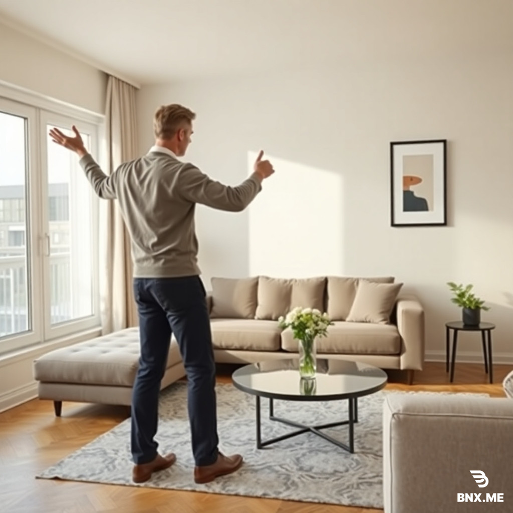 A man stands in a modern apartment interior, making slow, deliberate  hand gestures like conducting music. As he sweeps his hand to the left,  a sofa smoothly slides across the room into a new position by the  window. As he points toward the wall, a framed picture glides through  the air and settles perfectly straight on the wall. As he makes a  gentle downward motion, a coffee table's position shifts slightly and  a vase of flowers appears settled on top of it. Each object moves  smoothly and realistically, no walls or structural elements change,  only furniture and decor rearrange themselves in response to his  gestures. Camera slowly circles around him at medium distance, warm  natural daylight, photorealistic, cinematic interior design style.