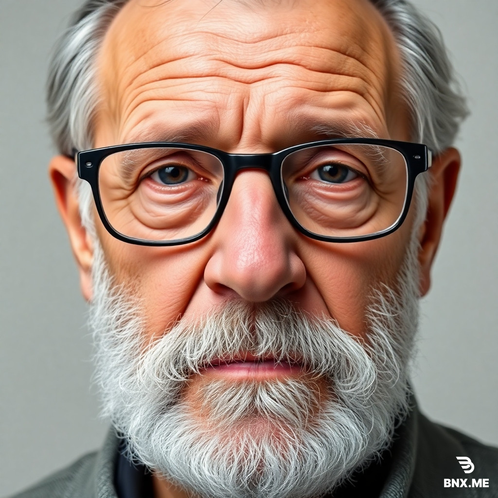 A portrait of an elderly man, deep wrinkles, gray beard, thick-rimmed glasses, close-up shot, neutral background, high resolution photography.