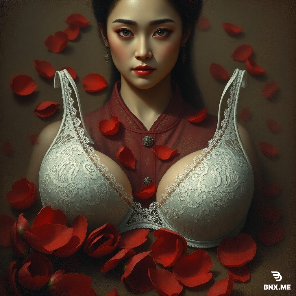 The image's background is the complex and legendary story of Wu Zetian (also known as Wu Meiniang), a famous female ruler in history. She is infamous for the ruthless methods she employed to seize and consolidate power during the Tang Dynasty in ancient China. While some admire her ambition and unwavering determination, many condemn her crimes and moral depravity in pursuit of absolute power. This cognitive binary—"saint" versus "sinner"—is the central theme of the visual narrative.  The atmospheric painting style depicts a lace bra resting amidst red rose petals, with the figure of Wu Zetian faintly visible in the background, her expression thoughtful and conflicted. The overall atmosphere evokes a sense of melancholy and conveys the weight of her past choices.