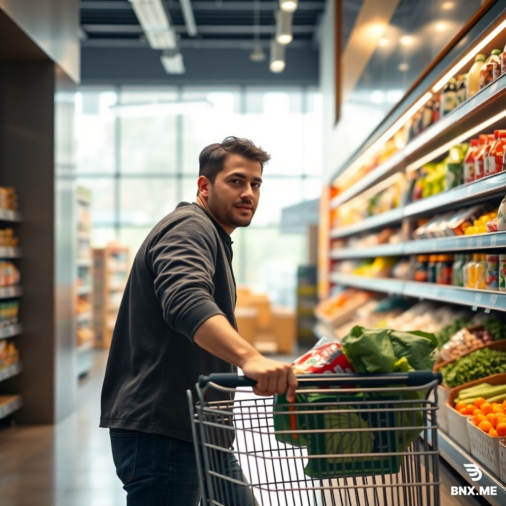 A photorealistic scene of a young man in his mid-20s with casual modern clothing, pushing a shopping cart through a brightly lit modern supermarket aisle, picking up a package of fresh vegetables from the shelf, natural daylight coming through large store windows, realistic skin texture and facial expression, detailed background with colorful products, sharp focus, cinematic composition, hyper-realistic, 8k, shot on high-end camera, soft natural shadows, no cartoon style, no sci-fi elements, everyday lifestyle scene