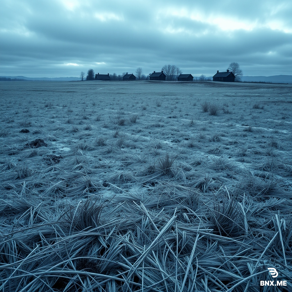 A vast empty snowless winter plain with sparse, thin, dry individual blades of gray-brown grass in loose clumps, with patches of bare dark soil visible between them. The grass is coarse and sparse, not a carpet, not soft, not dense. The ground is uneven and undulating, with low rolling ridges, shallow dips, small ditches, and soft rises and falls. In the far middle distance, a small cluster of old, simple, dark wooden houses. Bare black trees scattered sparsely. Low mist in the hollows. Sky: heavy but layered clouds with varied tones, darker and lighter gray patches, subtle breaks, hints of pale blue-gray, not a flat uniform gray. Cold blue ambient light at blue hour. Muted desaturated palette: slate gray, ash gray, pale blue, dark brown, faded black. Faded nostalgic atmosphere like an old memory, soft haze, subtle film grain. No people, no cars, no modern objects, no bright colors, no warm yellow lights, no snow, no frost, no ice, no white ground, no flat ground, no smooth lawn, no carpet-like grass, no clos Grass height: knee-high, medium length, not short.