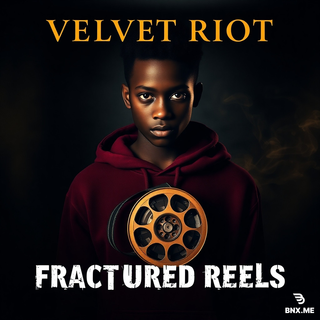"Cinematic poster. A striking black teenager with dark skin, intense eyes, dramatic shadow on face, wearing a velvet burgundy hoodie. Standing in dim room with gold rim light. Holding a vintage film reel. Deep charcoal background. Gold smoke swirls. Moody, aesthetic, emotional. Text 'VELVET RIOT' in elegant gold serif font at top. Text 'FRACTURED REELS' in rough white grunge font underneath. 16:9 ratio. High detail, cinematic lighting, film grain." With no bnx me