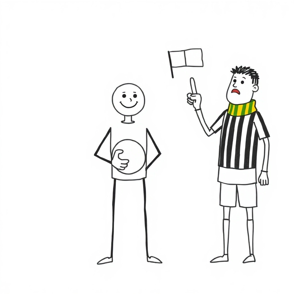 Scene 1: Hand-drawn whiteboard style, 16:9, clean white background, even flat lighting, no shadows, no yellow tint. Thick black outlines, pencil texture, no shading. A stickman goalkeeper with white circular face, tiny black dot eyes, smug curved smile, thin black stick body, holding a large drawn ball against his chest. Next to him, a referee stickman with angry slanted eyebrows raises one arm pointing to a corner flag drawn in the corner. The goalkeeper's mouth has changed from smile to shocked open circle. The main character (white circular face, tiny black dot eyes, thin black stick body, green-and-yellow striped muffler) walks in from left, stands between viewer and figures, raises one finger. No text, no speech bubbles, no watermark, no logos.  Scene 2: Hand-drawn whiteboard style, 16:9, clean white background, even flat lighting, no yellow tint. Thick black outlines, pencil texture, no shading. The main character (white circular face, tiny black dot eyes, thin black stick body, green-and-yellow striped muffler) stands next to a large hand-drawn clock on the whiteboard. Inside the clock is a tiny stickman goalkeeper hugging a ball. The clock hands point to 6. No text, no speech bubbles, no watermark.  Scene 3: Hand-drawn whiteboard style, 16:9, clean white background, even flat lighting, no yellow tint. Thick black outlines, pencil texture, no shading. The main character (white circular face, tiny black dot eyes, thin black stick body, green-and-yellow striped muffler) has erased the number 6 from the clock and drawn a bold thick number 8. He underlines the 8 twice with his pencil. The goalkeeper inside looks nervous with a small wavy mouth. No text, no speech bubbles, no watermark.  Scene 4: Hand-drawn whiteboard style, 16:9, clean white background, even flat lighting, no yellow tint. Thick black outlines, pencil texture, no shading. The main character (white circular face, tiny black dot eyes, thin black stick body, green-and-yellow striped muffler) has drawn three small stickman goalkeepers in a row. The first two have X marks drawn over their bodies. The third is circled with a thick pencil line. The main character stands with one hand on his hip, looking at the drawing. No text, no speech bubbles, no watermark.  Scene 5: Hand-drawn whiteboard style, 16:9, clean white background, even flat lighting, no yellow tint. Thick black outlines, pencil texture, no shading. Whiteboard split by vertical pencil line. Left side shows a stickman referee sitting on a chair with Z's drawn above his head, mouth open, sleeping. The main character (white circular face, tiny black dot eyes, thin black stick body, green-and-yellow striped muffler) stands to the side, pointing at the sleeping referee. No text, no speech bubbles, no watermark.  Scene 6: Hand-drawn whiteboard style, 16:9, clean white background, even flat lighting, no yellow tint. Thick black outlines, pencil texture, no shading. A stickman goalkeeper lying flat on top of a large drawn ball. Next to the ball, a small calendar with one page peeling off and falling. The main character (white circular face, tiny black dot eyes, thin black stick body, green-and-yellow striped muffler) watches from the side with arms crossed, mouth slightly open. No text, no speech bubbles, no watermark.  Scene 7: Hand-drawn whiteboard style, 16:9, clean white background, even flat lighting, no yellow tint. Thick black outlines, pencil texture, no shading. Left side of whiteboard erased. On the right side, a new stickman referee stands tall with thick angry eyebrows, holding a small rectangular stopwatch. The main character (white circular face, tiny black dot eyes, thin black stick body, green-and-yellow striped muffler) stands next to the referee, pointing at the stopwatch with approval. No text, no speech bubbles, no watermark.  Scene 8: Hand-drawn whiteboard style, 16:9, clean white background, even flat lighting, no yellow tint. Thick black outlines, pencil texture, no shading. A sequence drawn across the whiteboard showing numbers 8,7,6,5,4,3,2,1 descending in a column. At the bottom next to number 1, a corner flag drawn with a pencil. The main character (white circular face, tiny black dot eyes, thin black stick body, green-and-yellow striped muffler) has underlined the corner flag twice and stands pointing at it. No text, no speech bubbles, no watermark.  Scene 9: Hand-drawn whiteboard style, 16:9, clean white background, even flat lighting, no yellow tint. Thick black outlines, pencil texture, no shading. A stickman goalkeeper catching a ball with a smug curved smile. Next to him, a referee stickman holding a stopwatch. Small motion lines around the goalkeeper's head. The main character (white circular face, tiny black dot eyes, thin black stick body, green-and-yellow striped muffler) watches from the corner, arms folded. No text, no speech bubbles, no watermark.  Scene 10: Hand-drawn whiteboard style, 16:9, clean white background, even flat lighting, no yellow tint. Thick black outlines, pencil texture, no shading. Same whiteboard. A corner flag drawn. A second stickman attacker drawn heading the ball. Motion lines show ball flying into a net drawn on the side. The goalkeeper has a sad curved-down mouth. The main character (white circular face, tiny black dot eyes, thin black stick body, green-and-yellow striped muffler) points at the net with one finger. No text, no speech bubbles, no watermark.  Scene 11: Hand-drawn whiteboard style, 16:9, clean white background, even flat lighting, no yellow tint. Thick black outlines, pencil texture, no shading. A completely new drawing. A slightly taller stickman goalkeeper holding a ball. Above his head, a large question mark drawn in pencil. Next to him, the same referee with stopwatch. The goalkeeper's mouth is open in confusion. The main character (white circular face, tiny black dot eyes, thin black stick body, green-and-yellow striped muffler) stands behind the referee, shaking his head slowly. No text, no speech bubbles, no watermark.  Scene 12: Hand-drawn whiteboard style, 16:9, clean white background, even flat lighting, no yellow tint. Thick black outlines, pencil texture, no shading. A panicked stickman goalkeeper with zigzag motion lines radiating from his head. He is dropping a ball (ball drawn mid-air with falling lines). Next to him, a referee lowering a stopwatch. The number 7.5 drawn faintly near the referee as pencil lines. The main character (white circular face, tiny black dot eyes, thin black stick body, green-and-yellow striped muffler) wipes his forehead with one stick hand. No text, no speech bubbles, no watermark.  Scene 13: Hand-drawn whiteboard style, 16:9, clean white background, even flat lighting, no yellow tint. Thick black outlines, pencil texture, no shading. The main character (white circular face, tiny black dot eyes, straight mouth, thin black stick body, green-and-yellow striped muffler) stands centered facing the viewer. Above his head, a large question mark drawn in pencil. His hands slightly raised as if asking a question. No text, no speech bubbles, no watermark.  Scene 14: Hand-drawn whiteboard style, 16:9, clean white background, even flat lighting, no yellow tint. Thick black outlines, pencil texture, no shading. Five small stickman goalkeepers drawn in a row across the whiteboard. Above each one, a hand-drawn number: 7.2, 7.5, 7.8, 8.1, 8.3. The last two have thick underlines beneath them. The main character (white circular face, tiny black dot eyes, thin black stick body, green-and-yellow striped muffler) stands at the end of the row, pointing at the last two. No text, no speech bubbles, no watermark.  Scene 15: Hand-drawn whiteboard style, 16:9, clean white background, even flat lighting, no yellow tint. Thick black outlines, pencil texture, no shading. A single stickman goalkeeper with a tiny flag shape on his chest (simple lines suggesting South America). He is holding a ball. Above him, a trophy drawing with a large red X crossing it out. The main character (white circular face, tiny black dot eyes, thin black stick body, green-and-yellow striped muffler) stands next to the drawing, one finger raised in a predicting gesture. No text, no speech bubbles, no watermark.  Scene 16: Hand-drawn whiteboard style, 16:9, clean white background, even flat lighting, no yellow tint. Thick black outlines, pencil texture, no shading. A referee stickman pointing to a corner flag. Next to him, a goalkeeper stickman with both arms raised in protest and angry eyebrows, mouth drawn as an open jagged shape. The main character (white circular face, tiny black dot eyes, thin black stick body, green-and-yellow striped muffler) stands between them with one hand on his chin, watching. No text, no speech bubbles, no watermark.  Scene 17: Hand-drawn whiteboard style, 16:9, clean white background, even flat lighting, no yellow tint. Thick black outlines, pencil texture, no shading. A close-up of a goalkeeper's face (white circular face, tiny black dot eyes). Next to his face, a small clock drawing showing 8.2 (hands positioned to suggest 8:12). The goalkeeper's mouth is a straight line. The main character (white circular face, tiny black dot eyes, thin black stick body, green-and-yellow striped muffler) peers in from the edge of the frame. No text, no speech bubbles, no watermark.  Scene 18: Hand-drawn whiteboard style, 16:9, clean white background, even flat lighting, no yellow tint. Thick black outlines, pencil texture, no shading. Whiteboard split into two halves. Left side: a happy fan stickman with smiling mouth and raised arms. Right side: an angry fan stickman with frowning mouth and clenched fists. The main character (white circular face, tiny black dot eyes, thin black stick body, green-and-yellow striped muffler) stands exactly in the middle, both hands held out palms up, showing both sides. No text, no speech bubbles, no watermark.  Scene 19: Hand-drawn whiteboard style, 16:9, clean white background, even flat lighting, no yellow tint. Thick black outlines, pencil texture, no shading. The main character (white circular face, tiny black dot eyes, thin black stick body, green-and-yellow striped muffler) stands facing the viewer. Above his head, a lightbulb drawn with pencil lines with small rays radiating out. His mouth is a small knowing smile. No text, no speech bubbles, no watermark.  Scene 20: Hand-drawn whiteboard style, 16:9, clean white background, even flat lighting, no yellow tint. Thick black outlines, pencil texture, no shading. A stickman goalkeeper drawn in a punching pose. One arm extended forward with a fist. The ball drawn flying away from the fist with motion lines. Small action lines around the fist. The main character (white circular face, tiny black dot eyes, thin black stick body, green-and-yellow striped muffler) stands behind the goalkeeper, giving a thumbs up. No text, no speech bubbles, no watermark.  Scene 21: Hand-drawn whiteboard style, 16:9, clean white background, even flat lighting, no yellow tint. Thick black outlines, pencil texture, no shading. A stickman goalkeeper with a checklist drawn next to him. The checklist has three tick marks. Under the ticks, a small drawing of a clock showing 7 seconds. The goalkeeper's mouth is a small confident smile. The main character (white circular face, tiny black dot eyes, thin black stick body, green-and-yellow striped muffler) points at the checklist with one finger. No text, no speech bubbles, no watermark.  Scene 22: Hand-drawn whiteboard style, 16:9, clean white background, even flat lighting, no yellow tint. Thick black outlines, pencil texture, no shading. The main character (white circular face, tiny black dot eyes, thin black stick body, green-and-yellow striped muffler) stands facing the viewer. Most of the whiteboard erased except a single horizontal line at the bottom (touchline). His mouth is slightly open. No text, no speech bubbles, no watermark.  Scene 23: Hand-drawn whiteboard style, 16:9, clean white background, even flat lighting, no yellow tint. Thick black outlines, pencil texture, no shading. A stickman player standing on the touchline (drawn horizontal line). He holds a ball above his head as if taking a throw-in. Next to him, a referee stickman stands with both hands out, looking confused with faint question marks near his head. The player is not releasing the ball. The main character (white circular face, tiny black dot eyes, thin black stick body, green-and-yellow striped muffler) stands to the side, tapping his chin with one finger. No text, no speech bubbles, no watermark.  Scene 24: Hand-drawn whiteboard style, 16:9, clean white background, even flat lighting, no yellow tint. Thick black outlines, pencil texture, no shading. A large arrow drawn pointing to the right edge of the whiteboard. The main character (white circular face, tiny black dot eyes, thin black stick body, green-and-yellow striped muffler) stands next to the arrow, giving a small wave with one hand. His mouth is a small smile. No text, no speech bubbles, no watermark.  Scene 25: Hand-drawn whiteboard style, 16:9, clean white background, even flat lighting, no yellow tint. Thick black outlines, pencil texture, no shading. A simple microphone drawing at the bottom corner of the whiteboard. The main character (white circular face, tiny black dot eyes, thin black stick body, green-and-yellow striped muffler) stands next to it, pointing at the microphone with one finger. His mouth is slightly open as if asking a question. No text, no speech bubbles, no watermark.  Scene 26: Hand-drawn whiteboard style, 16:9, clean white background, even flat lighting, no yellow tint. Thick black outlines, pencil texture, no shading. The main character (white circular face, tiny black dot eyes, simple smile, thin black stick body, green-and-yellow striped muffler) gives a thumbs up with one hand and begins walking toward the left edge of the frame. Whiteboard remains clean and bright. No text, no speech bubbles, no watermark, no logos.