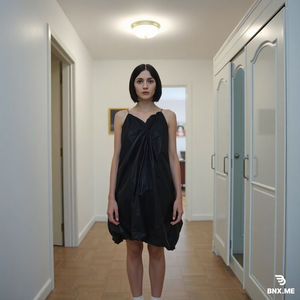 A thin white European woman, 30 years old, with black hair, no makeup. Her face is sharp, not blurry, with European features (not Asian, not Chinese, not Korean): straight nose, round eyes without epicanthic fold, fair skin. Blank, emotionless expression. She stands still in an ordinary home hallway, facing the camera. She wears simple socks and a dress made of black trash bags: wrinkled, knotted plastic, hanging loosely. On the right side is a white wardrobe with a mirror on the door — her reflection visible. On the left side is an open doorway to another room. Behind her on the wall hangs a small painting. At the far end of the hallway is another passage. Old laminate floor, cheap overhead ceiling light, unflattering. Photorealistic, 9:16 vertical, sharp focus on face, static pose, no motion.