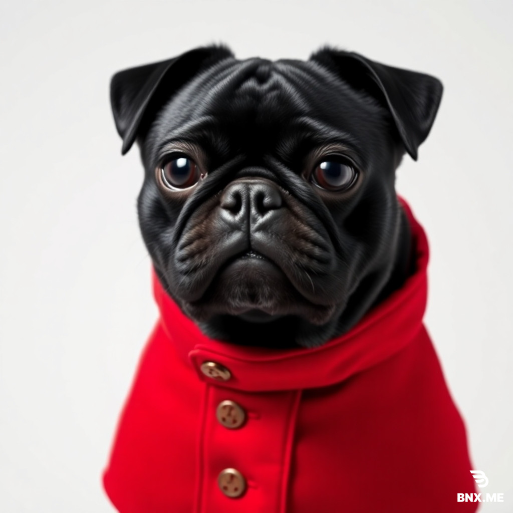 a black pug dog, wearing a chic red dog coat and looking threatening