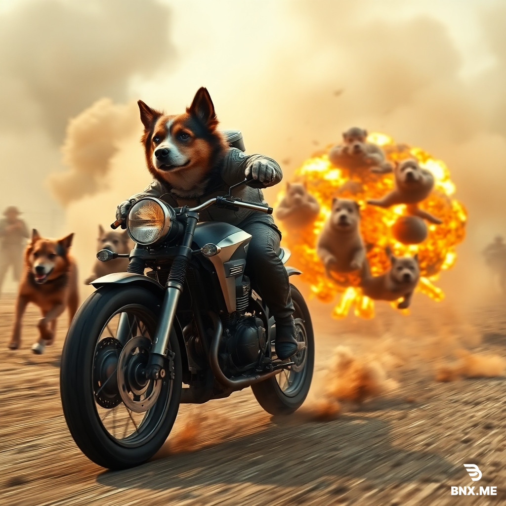 “An intense action scene featuring a heroic dog riding a powerful motorcycle across a chaotic battlefield. Enemy dogs pursue from behind. A dramatic explosion erupts near the motorcycle, sending the dog flying through the air in a dynamic, cinematic slow-motion shot. The environment is filled with dust, fire, and motion blur, creating a thrilling, over-the-top battle-movie atmosphere.”