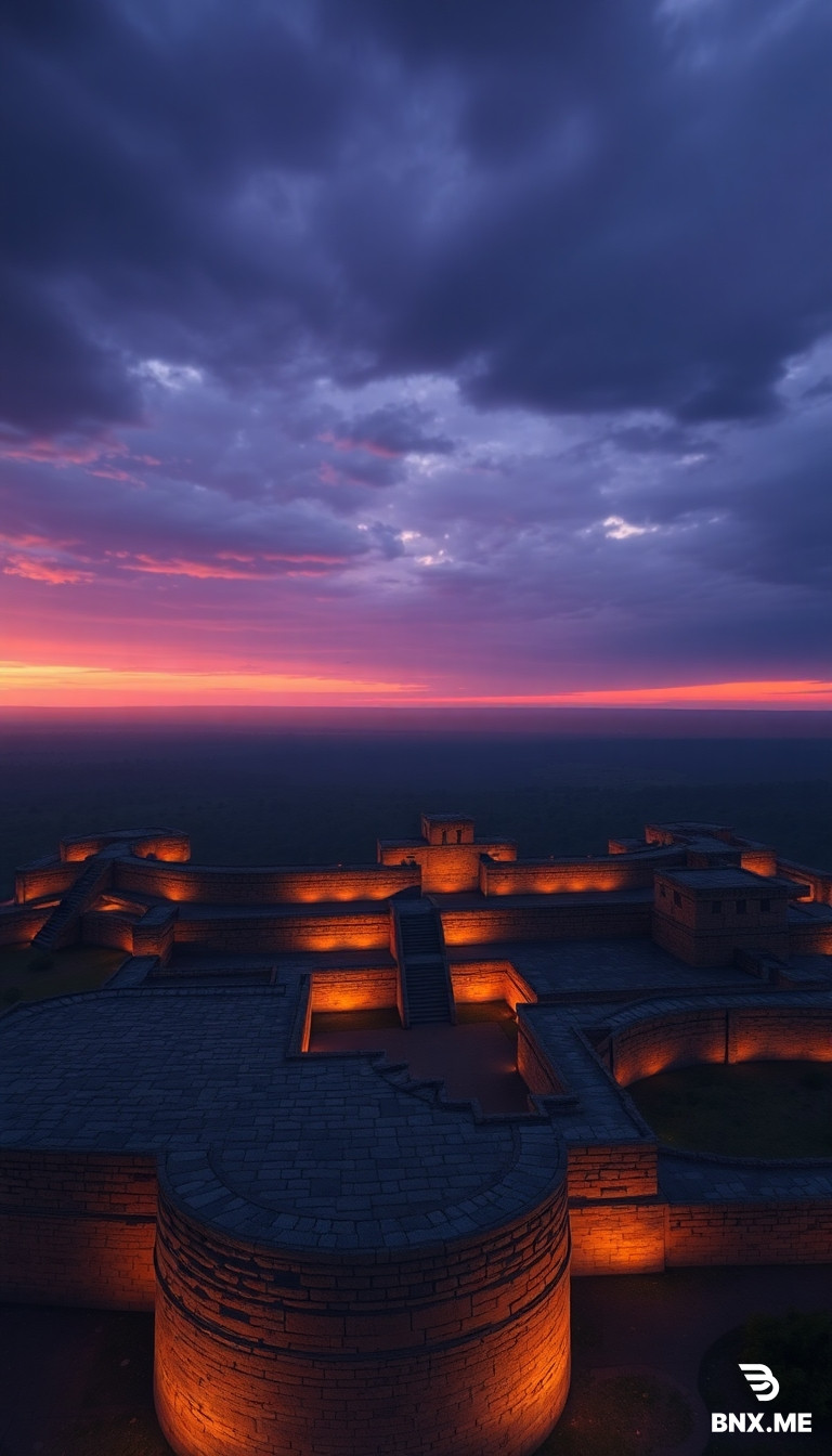 Visual Prompt:* An epic, wide-angle aerial drone shot of the Great Zimbabwe ruins at sunset. The massive stone walls glow with orange and purple hues against a vast, darkening African sky. The camera slowly pans over the intricate patterns of the stonework, emphasizing the scale and timelessness of the structure. Majestic, sweeping, epic scale, 8k photorealistic.