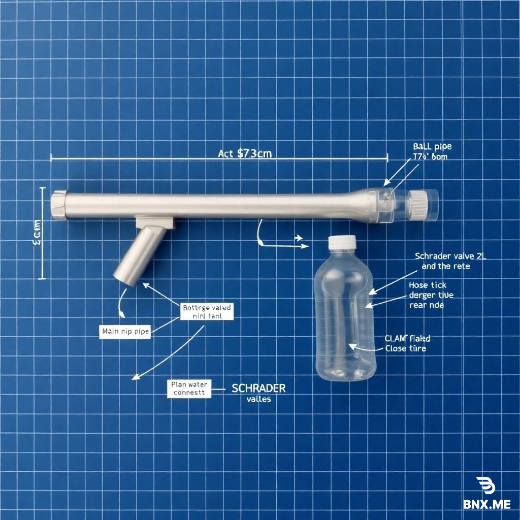 Compact technical blueprint of a homemade water blaster toy. White lines on dark blue grid background. Side view only. Clean, simple, organized layout.  Dimensions clearly labeled: - Main pipe: 25cm long, 27mm diameter (galvanized steel) - Stock pipe: 17.3cm long, 27mm diameter (galvanized steel) - Stock pipe is zip-tied UNDERNEATH the main pipe - Nozzle: plastic bottle cap with 2.6mm hole - Hose: 6mm diameter clear tube, 30cm long - Cola bottle: 2-liter (water tank) - Schrader valve: bicycle tire valve on rear end  Labels placed neatly with lines pointing to parts: 1. MAIN PIPE 25cm - pressure chamber 2. STOCK 17.3cm - shoulder support 3. BALL VALVE - trigger release 4. NOZZLE 2.6mm - water outlet 5. HOSE 6mm - connects to bottle 6. COLA BOTTLE 2L - water tank 7. SCHRADER VALVE - pump air here 8. CLAMP - close before pumping 9. ZIP-TIES - attach stock 10. WOODEN PLUGS - seal ends 11. SAFETY BOLTS - lock plugs  Rear plug has two holes: 6mm (hose) and 8mm (Schrader valve). Front plug has one hole: 6mm (nozzle hose).  Parts list in bottom right corner. Scale 1:1. Engineering drawing style. Precise lines. Clean layout. Compact design.