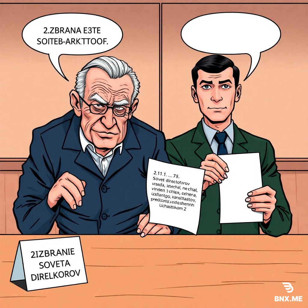 Colorful european comic book style, ligne claire, clear black ink outlines, flat colors, no shading. Scene: meeting room with a wooden table and a white card "IZBRANIE SOVETA DIREKTOROV". Two men: one is clearly elderly (Sidorov, 74 years old, very wrinkled face, sagging skin, gray/white hair combed back, slightly hunched posture, wears dark blue jacket). The other is clearly young (Petrov, 24 years old, smooth skin, no wrinkles, short dark hair, straight back, sharp jawline, serious expression, wears dark green jacket). Petrov points to a contract clause: visible text "2.1.1. ... Sovet direktorov vsegda vkljuchal ne menee 1 chlena, izbrannogo iz chisla kandidatov, predlozhennyh Uchastnikom 2". Sidorov holds a white voting ballot. Above each man's head: an empty white speech bubble with black outline, completely empty inside. Background light yellow. No other people.