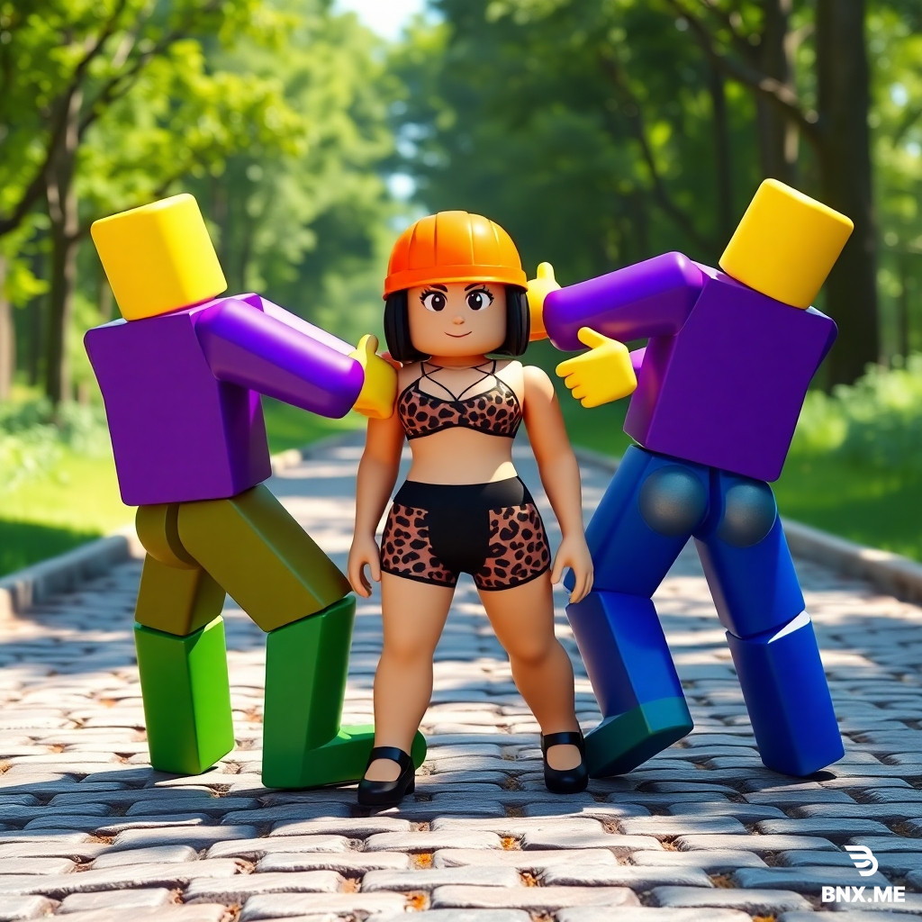 Three Roblox blocky avatars in a hilarious and awkward ragdoll sandwich pose on a paved stone pathway. A female avatar in the center wearing black shorts with leopard print and an orange helmet, looking passive. The male avatar on the left (yellow head, purple torso, green legs) is leaning forward and grabbing the female avatar's head with his blocky yellow hands. The male avatar on the right (yellow head, purple torso, blue legs) is reaching down and grabbing the female avatar's buttocks with his blocky yellow hands. The three characters are heavily clipping and intersecting through each other, broken game physics, glitchy limbs, glossy plastic material, vivid game colors, bright outdoor sunlight, paved cobblestone ground, green forest background, Unreal Engine 5 render, 3D meme art, funny video game screenshot, highly detailed. --ar 2:3