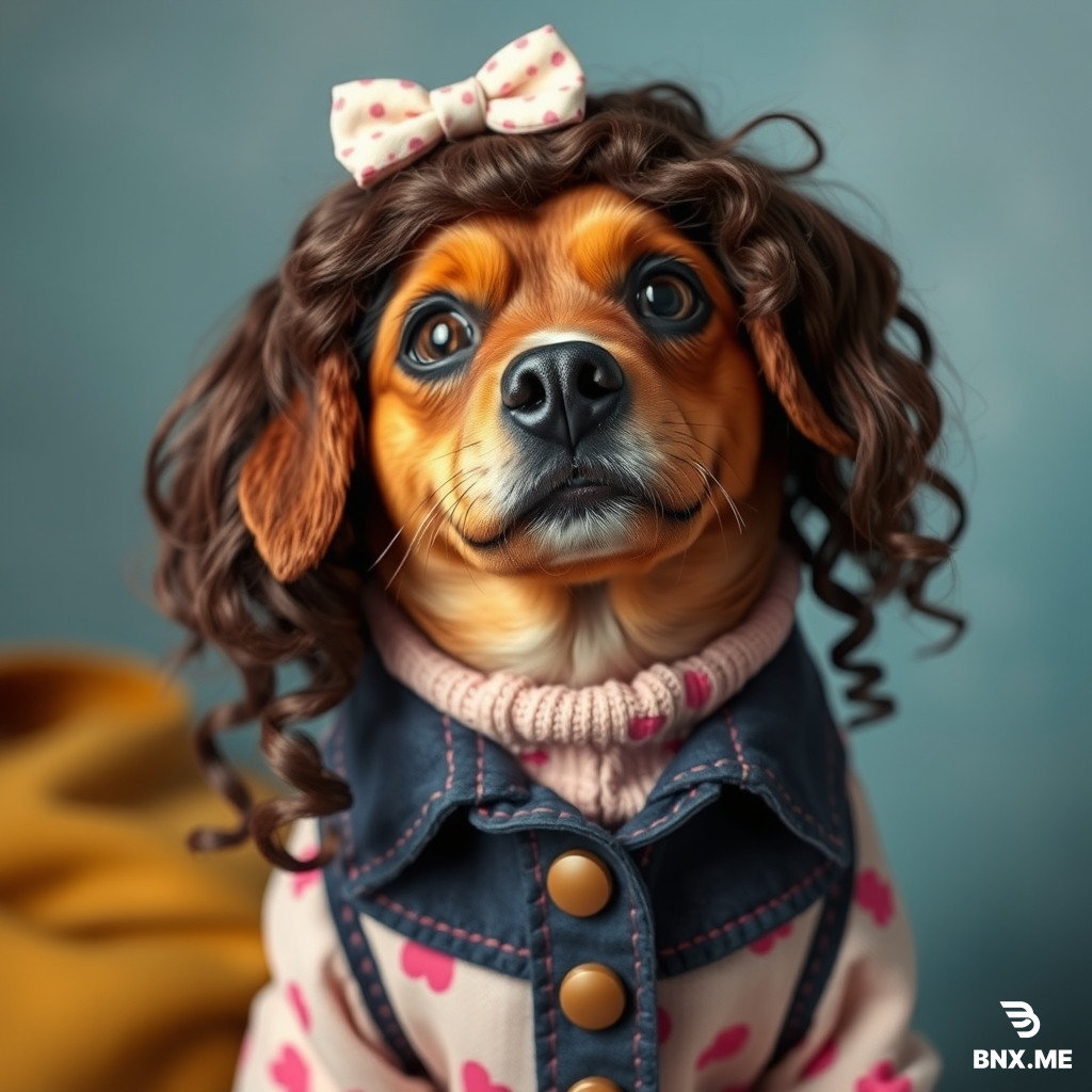 Make the brown dog have a girl wig and outfit
