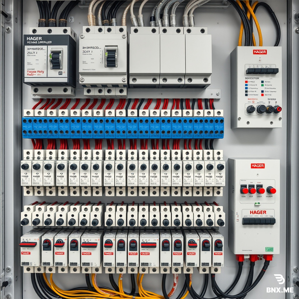 Photorealistic electrical panel Hager Volta, 5 rows of 12 modules. Top row: 4-pole main breaker, 3-phase voltage relay ZUBR, 3-pole contactor, cross-module (8 modules). Three bottom rows filled with Hager single-phase breakers. Blue 3-phase comb busbar connects the BOTTOM terminals of breakers. A second smaller Hager panel is mounted on the right side. Neat wiring, cable ties, professional installation, high resolution.