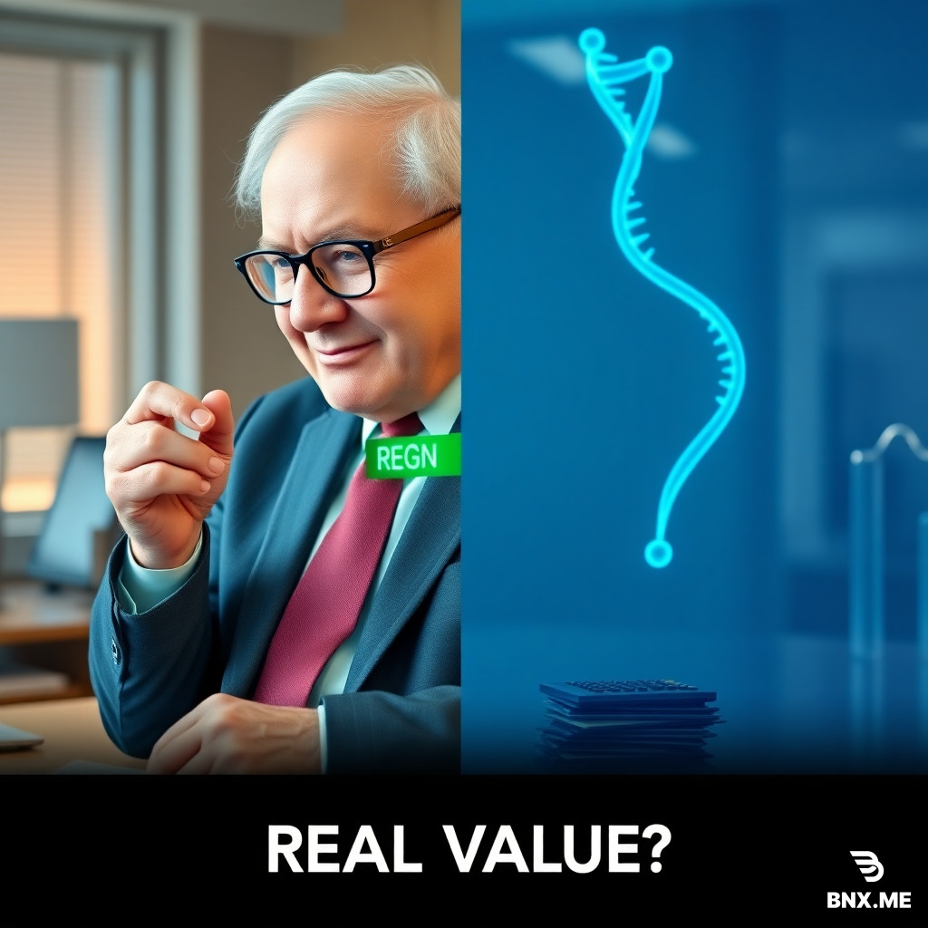 Professional stock analysis thumbnail, photorealistic style, split composition. Left side: Warren Buffett in a sharp business suit, slight smile, holding a pair of reading glasses, looking thoughtfully at a glowing holographic stock chart with the ticker symbol "REGN" prominently displayed in bold green text. Right side: Clean, modern laboratory background with a glowing blue DNA double helix and a small floating molecule structure, representing biotech innovation. Subtle overlay of a calculator and a pile of cash on the desk between the two halves. Lighting: Warm, golden hour office light on the left fading into cool, sterile lab blue on the right. Text at the bottom center: "REAL VALUE?" in bold, clean sans-serif font. Ultra high definition, 8k, cinematic depth of field, --ar 16:9 --v 6.0
