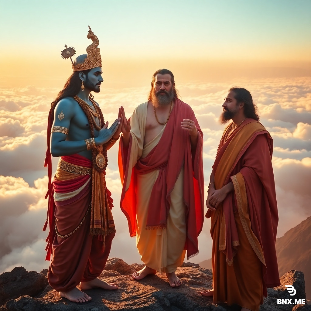 A profound and epic convergence: Lord Rama, majestic with his serene, blue-hued skin and regal attire, stands with his devoted brother Lakshmana. Both extend a respectful Anjali Mudra towards Jesus Christ, who radiates compassionate wisdom from the center of the frame, his simple robes gently flowing. Standing in humble reverence slightly behind Rama, the powerful figure of Hanuman gazes upon Christ with unwavering devotion. This timeless meeting unfolds on a majestic, cloud-kissed mountain peak, bathed in the ethereal, warm glow of golden hour. Volumetric light rays pierce through the soft mists, casting strong, defined rim lights that emphasize their divine presence, yet grounded in a stunning Realistic Pro aesthetic. Captured on a Hasselblad X2D with an 80mm prime lens at f/2.8, the scene boasts rich, naturalistic colors and intricate textures, meticulously graded with a warm, amber palette, reminiscent of Annie Leibovitz's spiritual portraiture. ultra-detailed, 8K resolution, award-winning photography, shot on Hasselblad X2D, 80mm lens., --ar 9:16, full body shot, head-to-toe view, vertical orientation
