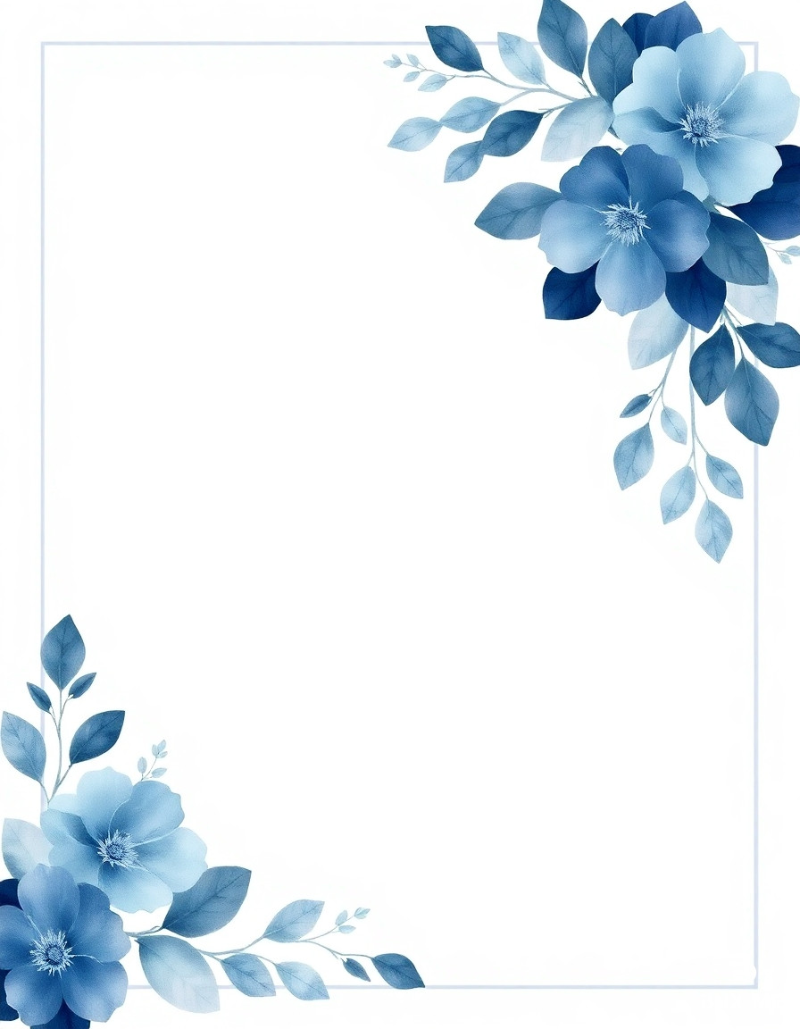 Create a clean, textless Persian wedding invitation template in a square format. Keep all decorative elements, borders, lines, and floral shapes, but remove every piece of typography, numbers, and calligraphy so the center remains blank. Design: a white background with a thin, elegant square border line in light gray. Inside the border, keep generous negative space. Floral decoration: watercolor-style blue flowers and leaves clustered mainly in the top-right corner and bottom-left corner, with soft gradients and semi-transparent petals. Use shades of dusty navy, slate blue, and soft azure, with subtle gray-blue shadows. Add a few small, delicate line-art leaves and tiny floral accents in pale blue around the corners to balance the composition. The florals should feel hand-painted, with visible watercolor texture, soft bleeding edges, and layered washes. Maintain a refined, modern, romantic stationery look. Center area must be completely empty (no text, no numbers, no logos, no watermark). High resolution, crisp border lines, soft natural lighting, minimal shadows.  Negative prompt: text, letters, numbers, Persian calligraphy, English words, watermark, logo, stamp, signature, QR code, harsh contrast, clutter, photo background.  --ar 1:1 --style raw --q 2