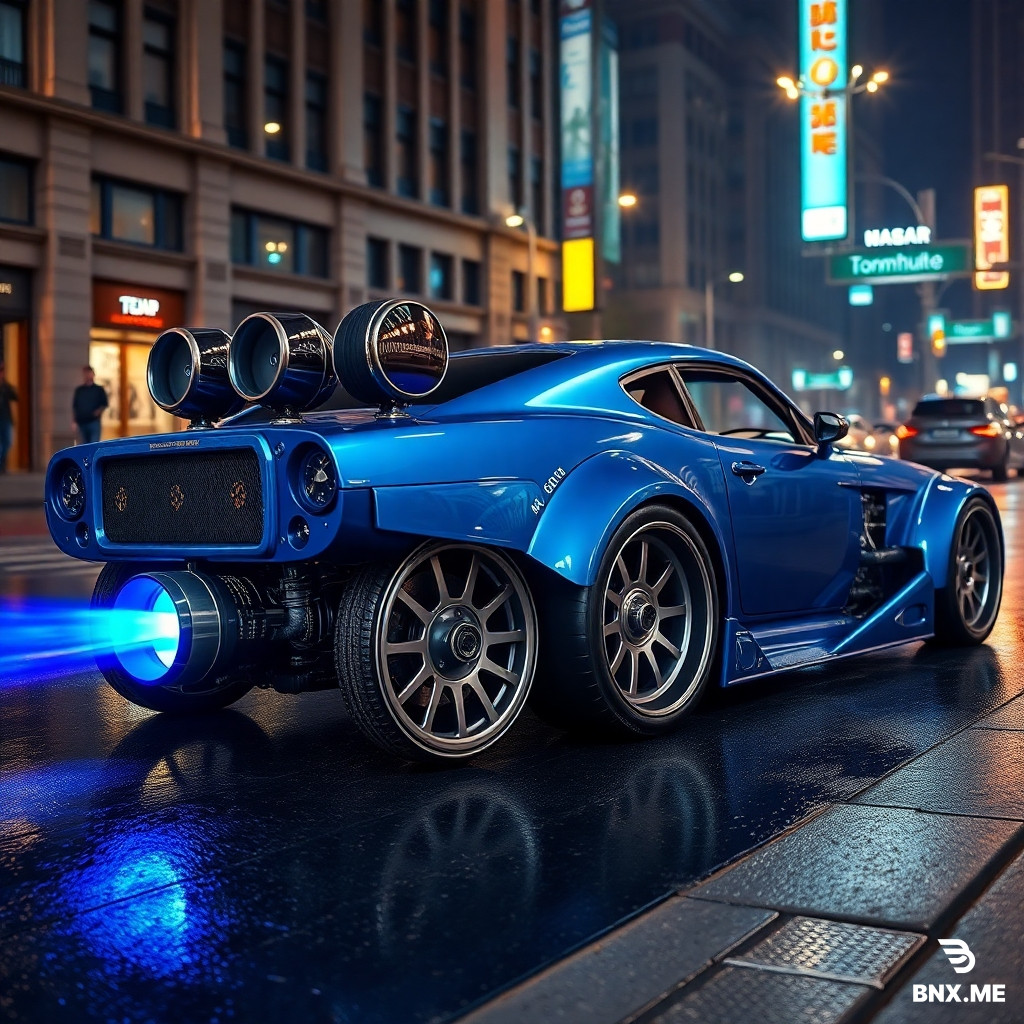 Aggressive steampunk muscle car, fully enclosed low-profile cobalt blue body, rear-mounted twin turbine jet engines with visible blue flame exhausts, massive functional front intake grille for radiator cooling, exposed push-rod suspension system with hydraulic pistons, large carbon-ceramic brake discs behind spoked wheels, roll cage visible through side windows, functional rear spoiler with adjustable angle, digital heads-up display on windshield, no decorative gears, industrial sci-fi design, low-angle side view, wet city street at night, dramatic neon reflections, photorealistic, 4k, hyperdetailed.