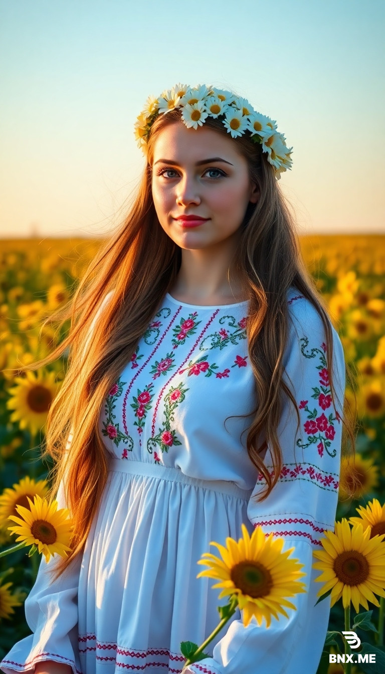 Beautiful young Belarusian woman with long flowing hair, wearing a traditional folk embroidered white dress (vyshyvanka) and a wreath made of fresh daisies on her head. She stands in a field of bright yellow sunflowers under a clear blue sky. Soft golden hour lighting, romantic and serene atmosphere. Realistic style, high detail, professional photography. Vertical format 9:16 for phone wallpaper.