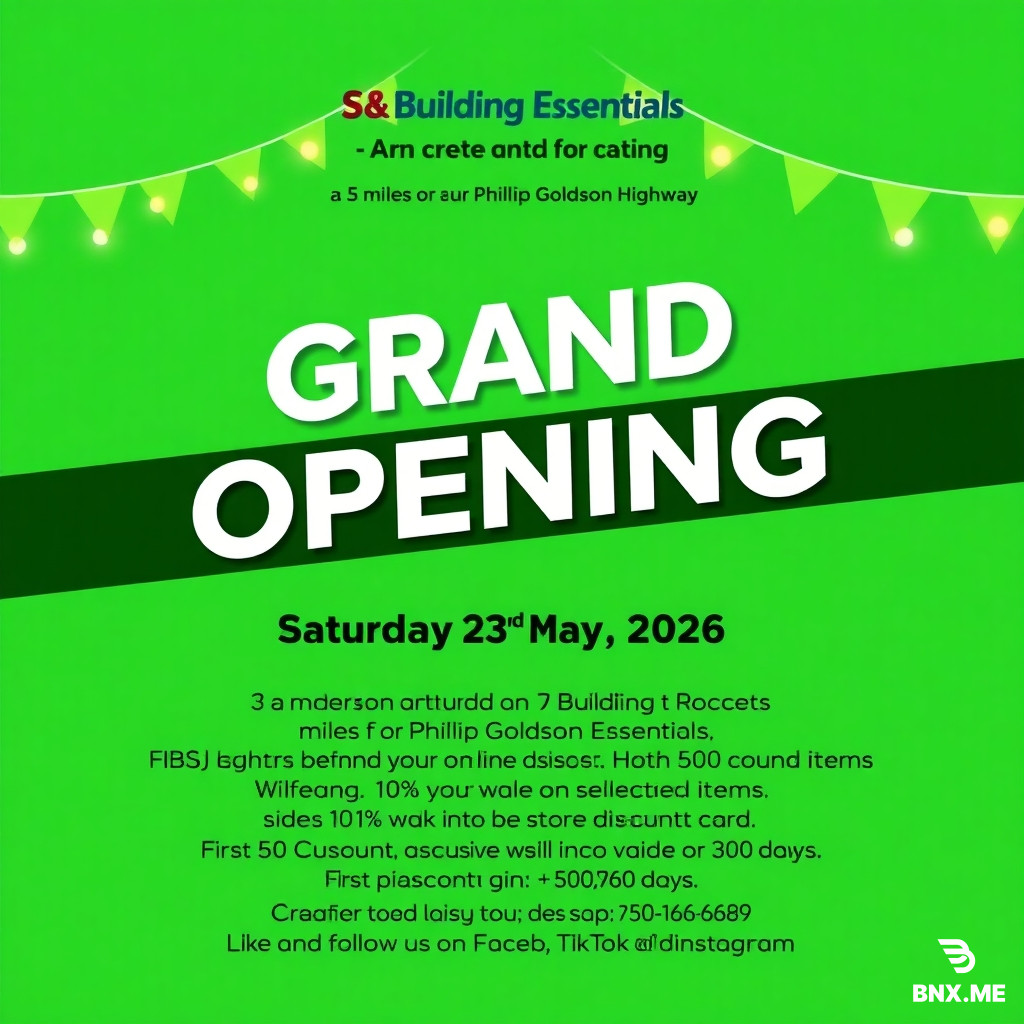 Create a prompt for an AI to create a “Grand Opening Flyer” for S&J Building Essential located at 5 miles on the Phillip Goldson Highway in Belize City.  Date: Saturday, 23rd May, 2026 Discount: 10% discount Store Wide on Selected items  First 50 Customers to walk into the store will receive a discount card valid for 30 days.  Contact: +501-616-6689 What’s app: +501-616-6689 Like and follow us on Facebook, TikTok and Instagram
