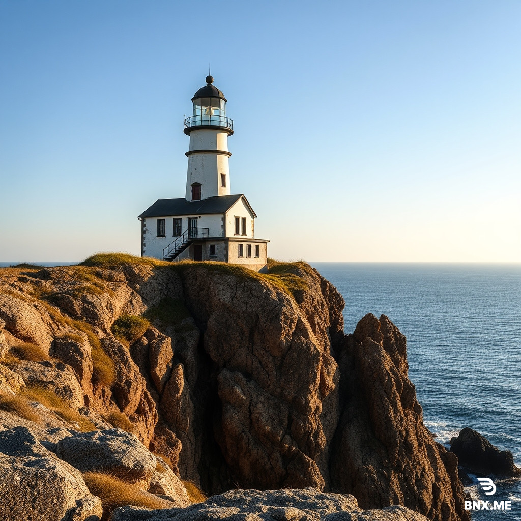 An old lighthouse on a high cliff by the ocean, daytime, standard lighting