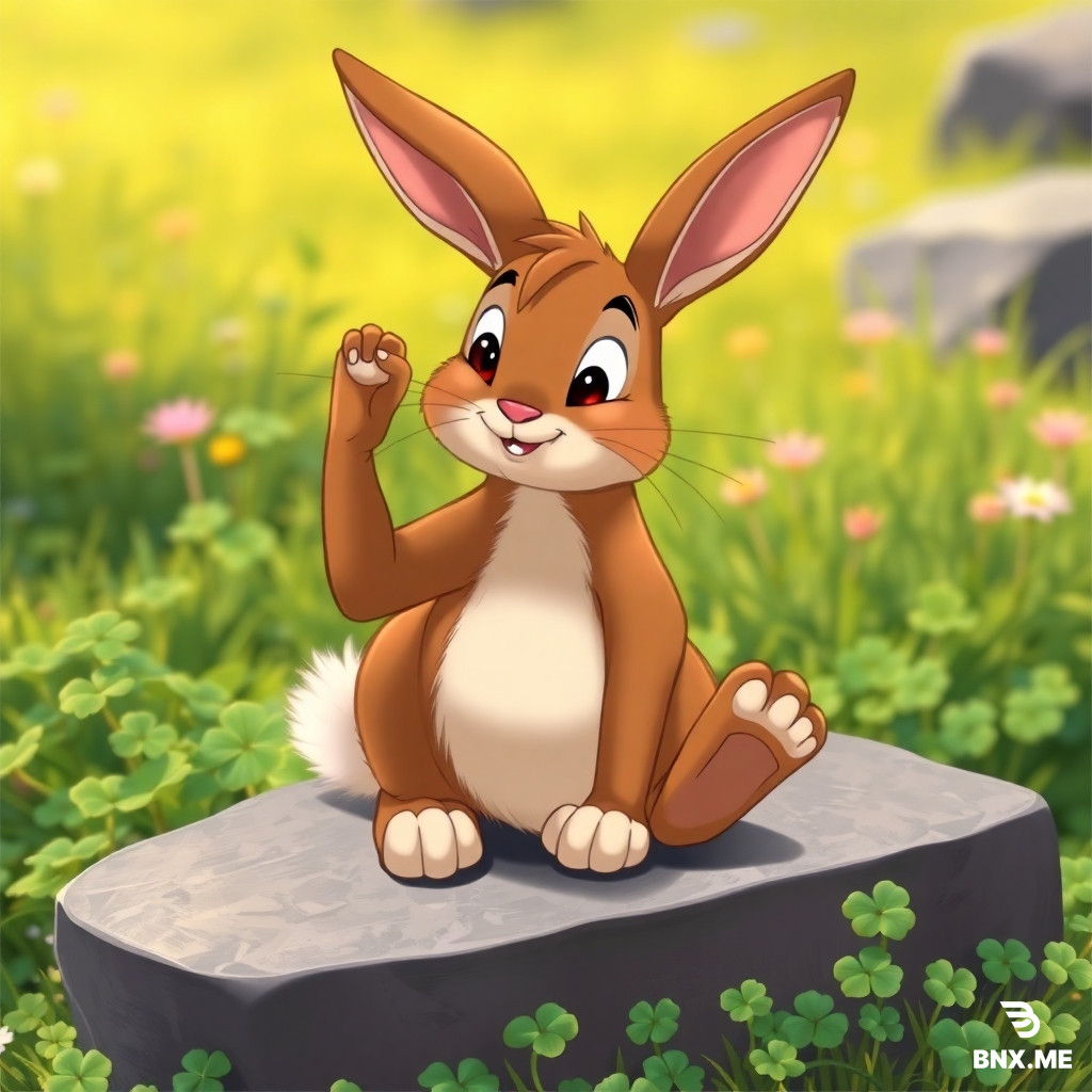 Brown animated bunny "...sitting on a flat grey stone, looking bored, scratching his own ear with his back foot, surrounded by clover, sunny meadow background."