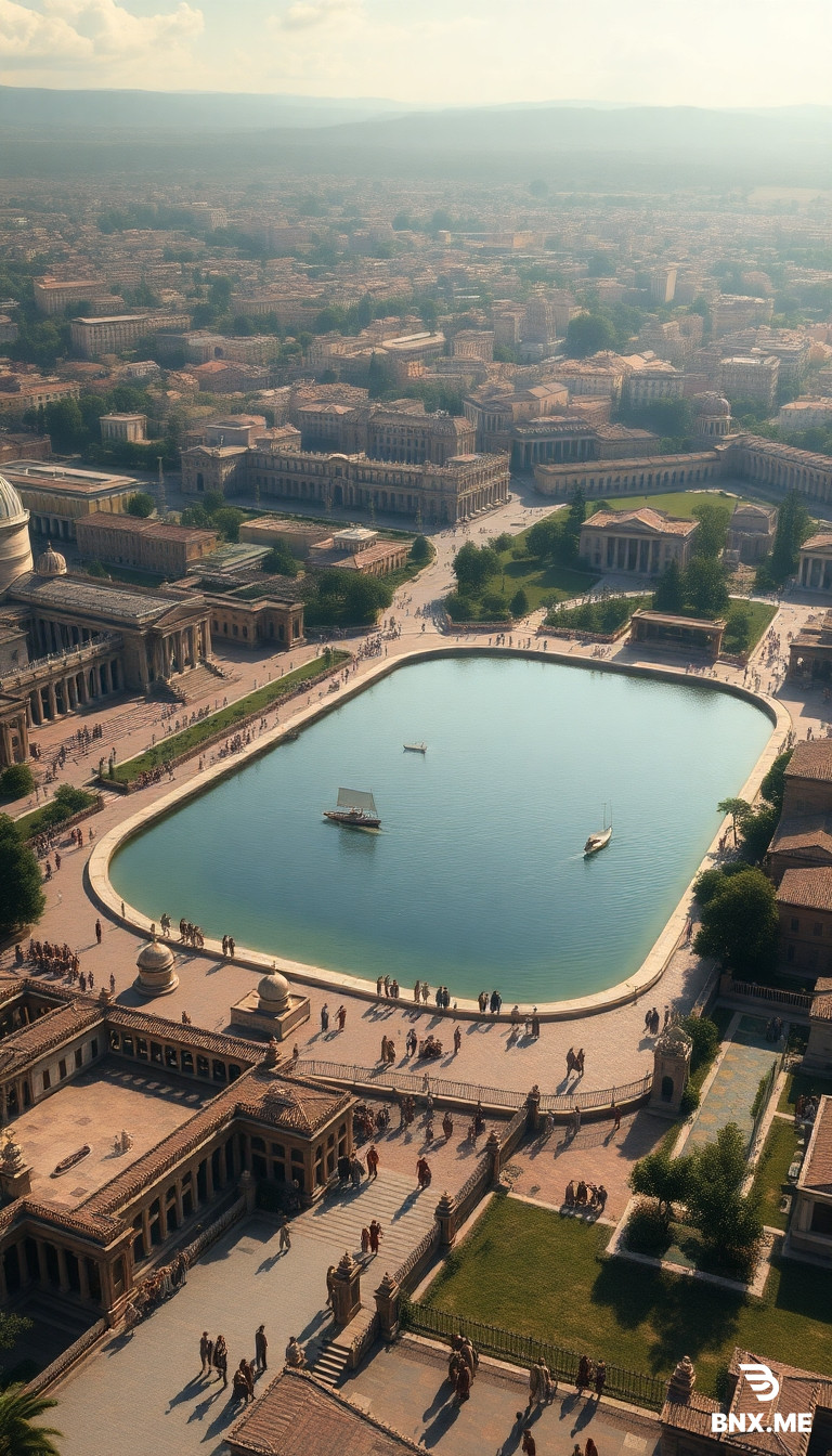 Cinematic photorealistic historical reconstruction of the future location of the Colosseum in Rome before its construction, approximately 1st century AD. A large urban valley in ancient Rome with the massive artificial lake of Emperor Nero in the center, surrounded by monumental Roman architecture and gardens. The future location of the Colosseum is occupied by a huge reflective lake. Ancient Romans in historically accurate clothing walking along the edges, boats on the water, distant Roman buildings, warm Mediterranean sunlight. Wide cinematic aerial perspective, epic scale, realistic ancient Rome, vertical 9:16.