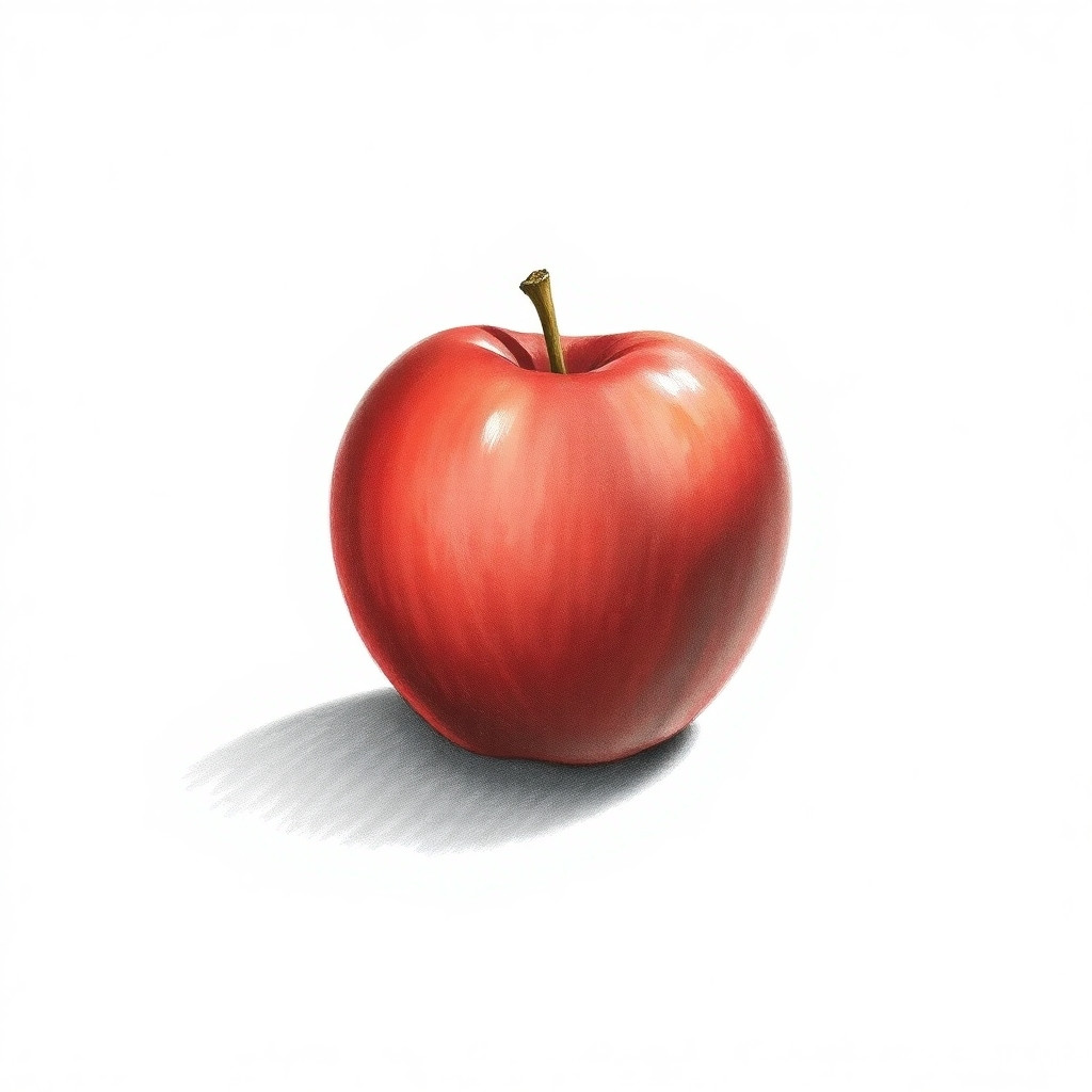 A minimalist illustration of a single red apple, plain white background, soft natural lighting, casting a subtle shadow beneath it, pencil sketch style with shading, graphite texture, shadow tone equivalent to B6 pencil, high contrast grayscale, photorealistic shadow, simple composition."