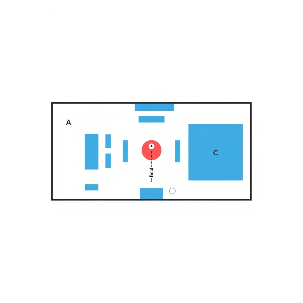 /Imagine prompt: floor plan of a conference center, top view, minimalist architectural drawing, gray and blue color scheme, labeled halls A, B, C, reception, dashed route line from entrance to hall A, "you are here" marker at entrance, "target" marker at hall A, clean lines, sans-serif labels, white background, flat vector illustration, 2D, no shadows, mobile app design, 1:1 aspect ratio --ar 1:1 --style raw --v 6.0