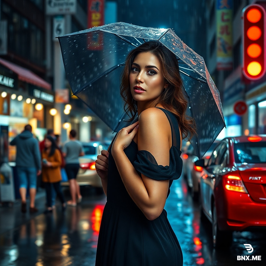 Create a 4K hyper-realistic image of a beautiful, curvy woman on the street, night, rainy weather, people shopping in the market, cars waiting at a red light, rain is visible on the woman's clothes and the street, artificial light, the woman is wearing a black dress, she is also holding an umbrella, the camera angle is wide and all the details of the image are visible, natural skin texture