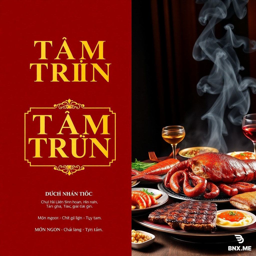 Create a luxury A4 commercial poster for "DỊCH VỤ ẨM THỰC TÂM TRẦN" - a high-end Vietnamese catering service.  Layout: Split composition. Left side (40%): Bold gold typography on deep burgundy red background. Main title "TÂM TRẦN" in large elegant serif font, gold color. Subtitle "DỊCH VỤ ẨM THỰC" above it. A golden decorative box listing "CHUYÊN NHẬN TIỆC: Cưới hỏi, Liên hoan, Sinh nhật, Hội nghị, Tân gia, Tiệc gia đình, Tiệc công ty". Small tagline: "Món ngon - Chất lượng - Uy tín - Tận tâm".  Right side (60%): A magnificent banquet table with steaming food - whole lobster, steamed fish with herbs, grilled beef sizzling, golden crispy spring rolls, fresh colorful salad, carrot flowers, bubbling hotpot, squid, crab. Photorealistic 8K food photography. Steam rising from dishes. Golden cinematic lighting from top-left.  Background: Luxury wedding hall with warm golden bokeh lights, soft cream drapes, elegant floral arrangements. Subtle depth of field.  Badges: Two overlapping gold medals/ribbons with text "ĐẢM BẢO VỆ SINH ATTP" and "100% HÀI LÒNG".  Footer (bottom center): Address "Châu Lâu, Điện Bàn Tây, TP Đà Nẵng" with location pin icon. Hotline "0762731995 - 0905937308" with phone icon. Last line "Rất hân hạnh được phục vụ Quý khách!" in elegant script.  Style: Ultra HD, 8K, cinematic, professional catering advertisement, magazine quality, Vietnamese luxury aesthetic, golden and burgundy color palette, no watermark.
