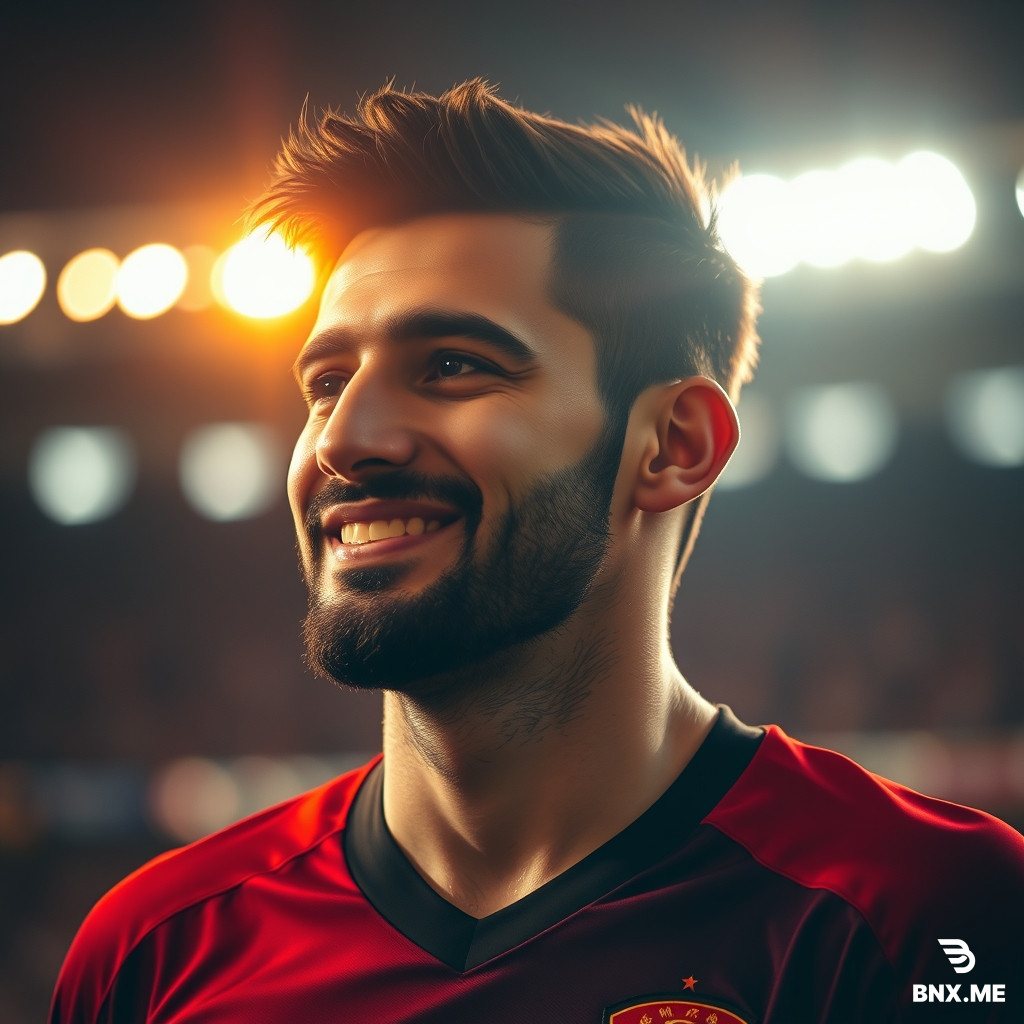 «Romantic cinematic portrait of Ramin Rezaeian, Iranian footballer, soft smile on lips, loving gaze, gentle golden light on his face, blurred stadium lights in background, emotional expression, warm orange and red tones, photorealistic, 8k, breathtaking beauty, unique masterpiece --ar 4:5»  ---