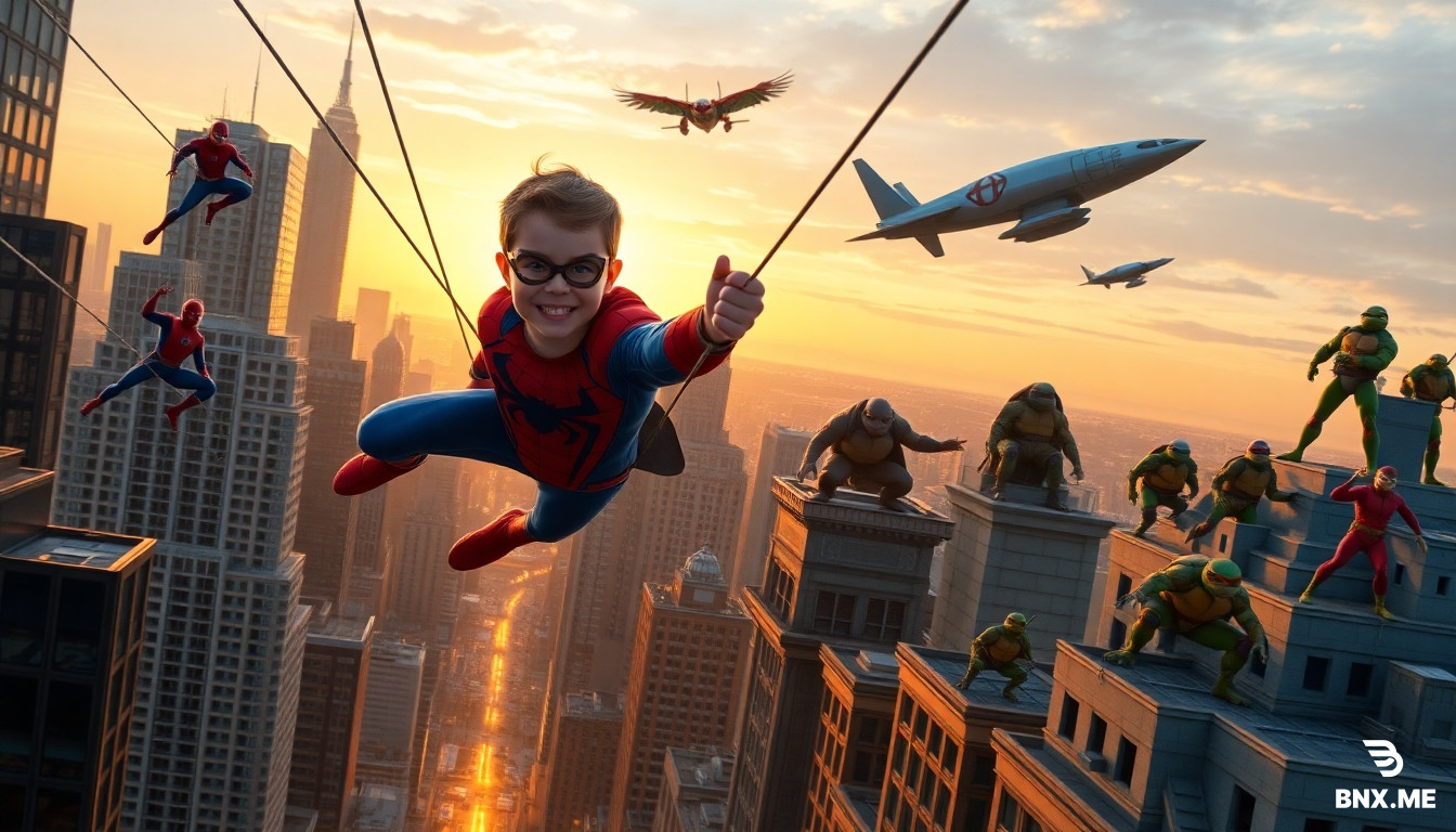 Epic action scene at sunset over a sprawling metropolis. In the foreground, the main hero: a young boy (age 4) wearing a red and blue superhero suit, smiling brightly, looking courageous and determined as he swings between skyscrapers using futuristic cables, the true leader of the team. Fighting alongside him:  A red-and-blue wall-crawling hero with a full-face web mask, agile and acrobatic, shooting webs between buildings. A younger red-and-black suit hero with a similar web-shooting style and a hooded mask, swinging nearby. A patriotic hero in blue, white, and red with a vibranium-style circular shield, standing tall on a ledge. A high-tech armored hero in red and gold, flying with glowing repulsor blasts from his hands and feet, wearing a sleek battle suit. A giant green muscular colossus with a kind, protective gaze watching over the citizens. On the rooftops, four anthropomorphic ninja turtles with red, blue, orange, and purple headbands, leaping between buildings with their traditional weapons (swords, nunchucks, sais, and staff). Lightning, dust, speed effects, cinematic golden-hour lighting, spectacular and heroic atmosphere. High-end 3D animated Pixar-style render, vibrant colors, highly detailed, suitable for children. No text, landscape format 16:9.
