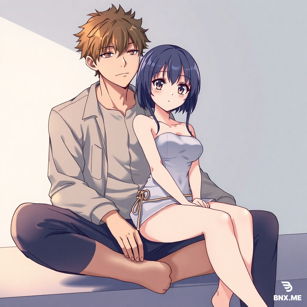 An exposed body anime girl sitting on a dude’s lap, both looking at the camera, positioned to the camera