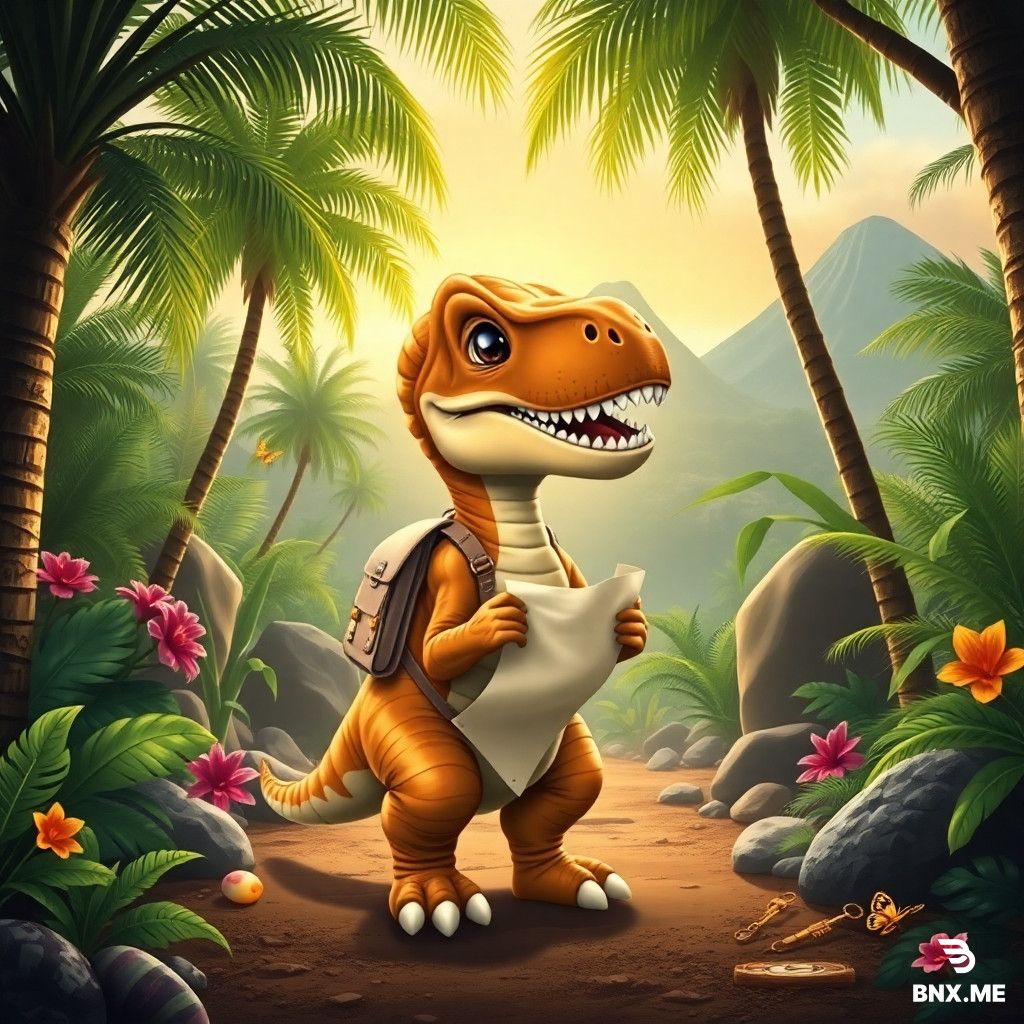 Rex, a cute baby Tyrannosaurus explorer, stands in front of the entrance to a magical prehistoric jungle. He wears a small explorer backpack and happily holds a rolled treasure map while looking excited to begin his adventure. Around him are giant palm trees, tropical flowers, ferns, smooth rocks, and distant volcanoes. The jungle entrance looks magical and welcoming. Hide one golden key, three dinosaur eggs, one compass, two butterflies, and one tiny dinosaur footprint naturally within the environment.