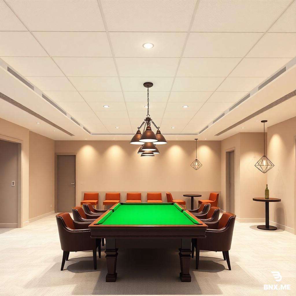 Photorealistic interior rendering of a basement hall ceiling lighting layout, wide-angle view from corner, showing:  1. Main hall area with a linear sequence of recessed LED downlights (white trim, 4-inch round) installed in a straight symmetrical grid pattern on a modern white gypsum false ceiling, 3 rows with 6 lights each.  2. Center of the hall: A professional 8ft snooker/pool table with a classic green felt top, surrounded by 4 leather chairs. Directly above the table, a traditional snooker pendant light fixture with 3 adjustable cone shades (bronze/copper finish) hanging at 3 feet above the table, creating a focused warm pool of light.  3. Cafe lounge area in the corner: 2-3 modern decorative hanging pendant lights with unique geometric/filigree metal designs (gold/brass finish) suspended at varying heights, casting ambient warm glow over small round tables and cushioned seating.  4. Circulation paths and remaining areas: Additional recessed lights in a staggered pattern for even ambient illumination. Warm white color temperature (2700K-3000K) throughout.  5. Modern minimalist interior with light beige walls, polished concrete or wood-look tile flooring, subtle wall sconces as accent lighting.  High resolution, 8K, architectural visualization style, realistic materials, soft shadows, professional lighting design, rendered with V-Ray/Corona, photorealistic, interior design portfolio quality --ar 16:9