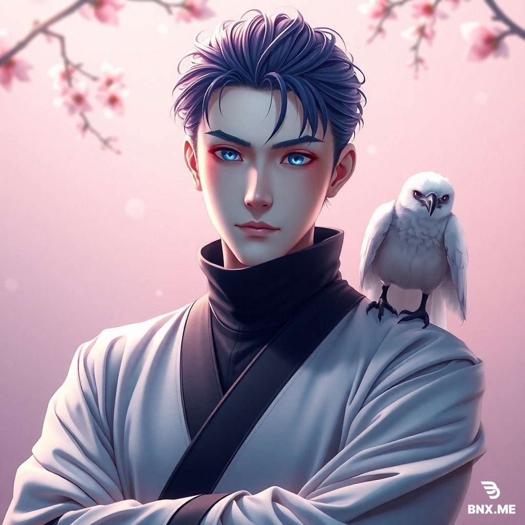 A hyper‑realistic 4K high‑definition half‑body portrait (framed from just above the waist to the top of the head) of Hattori Hanjou, the Cherry Blossom Shadow, standing in a calm yet deeply serene posture – his arms crossed loosely over his chest, Yami and Kuro sheathed at his hips, his high collar pulled up to cover his lower face, his deep sapphire blue eyes gazing directly at the viewer with an expression of quiet, melancholic intensity. Sakura, his white crow, is perched on his right shoulder, her head tilted, her sapphire eyes matching his. The lighting is soft and ethereal – a single source of pale pink light from above (perhaps the cherry blossoms themselves), casting gentle shadows across his pale skin and crimson shozoku, with a warm white fill light from Yami’s sheathed glow. His skin is pale and porcelain, smooth and clear, with faint dark veins pulsing beneath his temples – visible as thin, dark purple lines that seem to shift with his heartbeat. His face is sharp and elegant, with a defined jaw tapering to a subtle point, high prominent cheekbones that catch the light, a straight narrow nose, and full lips hidden behind the high collar. His eyes are deep luminous sapphire blue – they are large, almond‑shaped, and they hold a depth of sorrow and peace that is almost hypnotic. In this calm moment, they are soft, warm, and slightly distant, as if he is looking at something far away. His hair is ghostly white, long and thick and silky, falling past his shoulders, pulled back loosely with a few strands framing his face – the white is natural, with subtle silver highlights. The high collar of his shozoku is pulled up to cover his lower face, leaving only his eyes visible – the fabric is deep crimson, rich and heavy, stitched with pink cherry blossom threads that catch the light. His upper body is clad in the deep crimson shozoku, the fabric draping over his lean, defined chest. The shozoku has long wide sleeves, and we can see the white leather bands on his wrists embroidered with the names of his ancestors – the embroidery is tiny, almost illegible, but clearly present. Shinto‑style armor plates of pink and white lacquered wood protect his shoulders – the plates are smooth, polished, and they curve elegantly. A silver chain with a preserved cherry blossom hangs around his neck – the cherry blossom is real, preserved in resin, its pink petals vivid against the silver. A white silk belt cinches his waist, its ends hanging down. Yami and Kuro are sheathed at his hips – we can see the hilts: Yami’s hilt is wrapped in dark material with a silver guard, Kuro’s hilt is similar but with a pink gem in the pommel. Sakura is rendered with hyper‑realistic feather textures: her feathers are pure white, soft and fluffy, with a faint pink glow at the tips. Her eyes are deep sapphire blue, and they are fixed on the viewer with an intelligent, knowing gaze. Her beak is slightly open, as if she is about to speak. The background is unique: the cherry blossom garden of the ruined Shogun's palace – where the trees still bloom every spring despite the decay, their petals falling like pink snow on the overgrown paths and broken stones. Behind Hanjou, we see the oldest cherry tree, its trunk thick and gnarled, its branches heavy with pink blossoms. The sky is a soft pastel pink, with a few clouds. The air is thick with falling petals, and the ground is carpeted in pink. The overall aura is one of serene, melancholic beauty – a ninja who has made peace with his grief and found a kind of grace in the shadows. The camera is a medium telephoto lens (85mm), shallow depth of field blurring the distant trees, focus sharp on Hanjou’s eyes, his white hair, the preserved cherry blossom, and Sakura’s feathers. Lighting is soft and dreamlike – key light from the blossoms above, fill light from the sheathed blades, and rim light from the petals. No lower body visible.