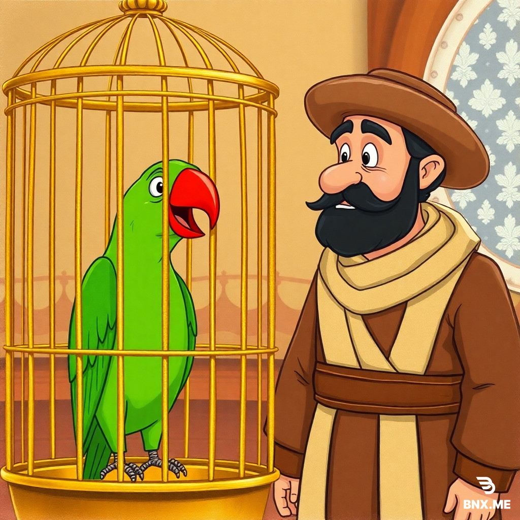 A vintage 1980s 2D hand-drawn animated film cell. Inside the grand home, the green parrot with a bright red beak is inside her classic golden wire cage with its door securely closed. The parrot has her beak open, speaking with a dramatic, longing expression. Next to her, the wealthy Iranian merchant listens closely; he is wearing his exact traditional layered brown and cream Persian robe, featuring a wide fabric sash wrapped around his waist, a plain round brown hat, and a full solid black beard, identical to 20260619_1136_image.jpg. The style features soft pencil outlines, a warm retro color palette, and a subtle matte paper texture. Nostalgic 1990s TV cartoon style --ar 16:9